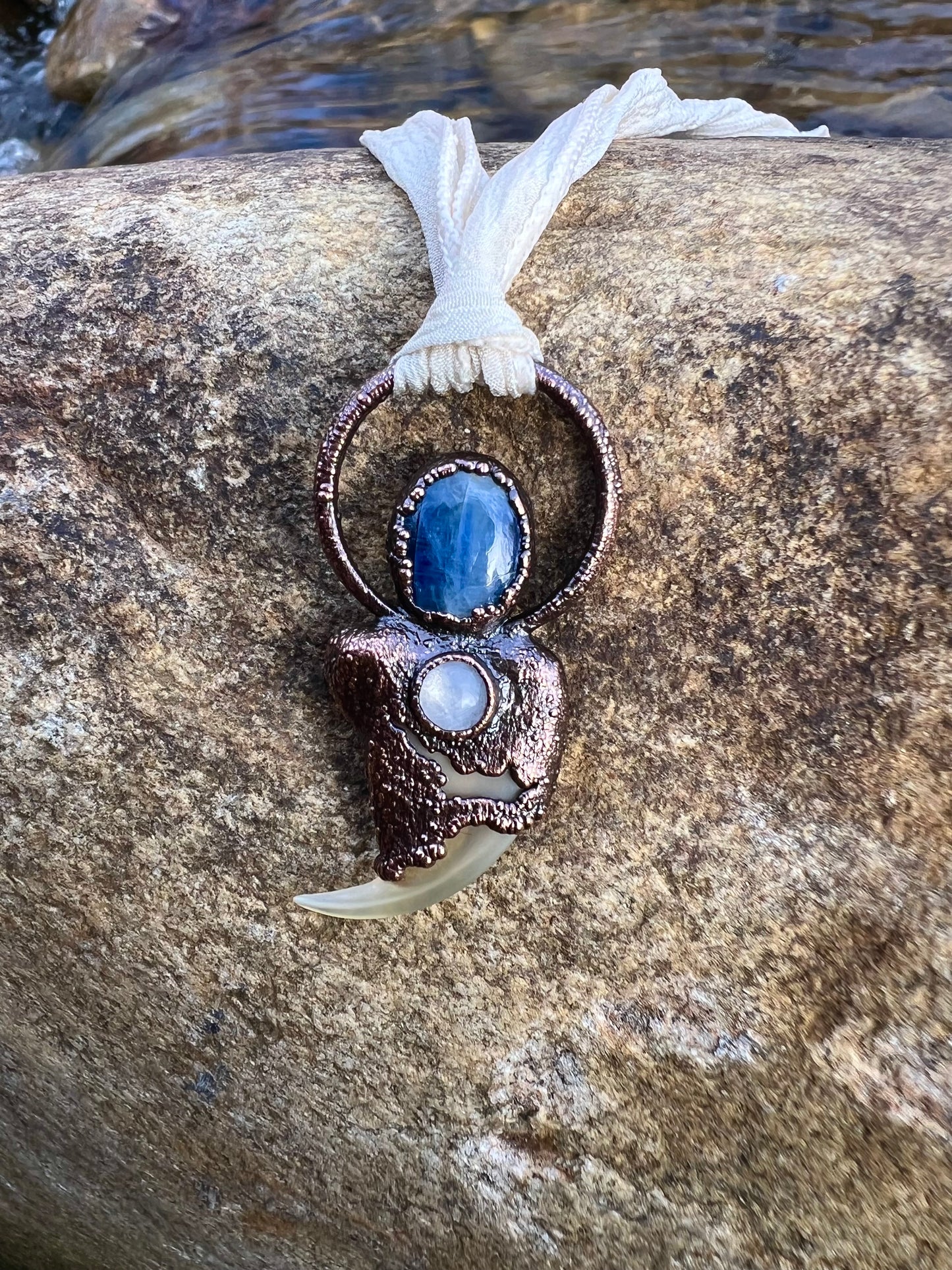 Cougar Claw with Blue Kyanite and Rainbow Moonstone - Copper Electroformed Necklace