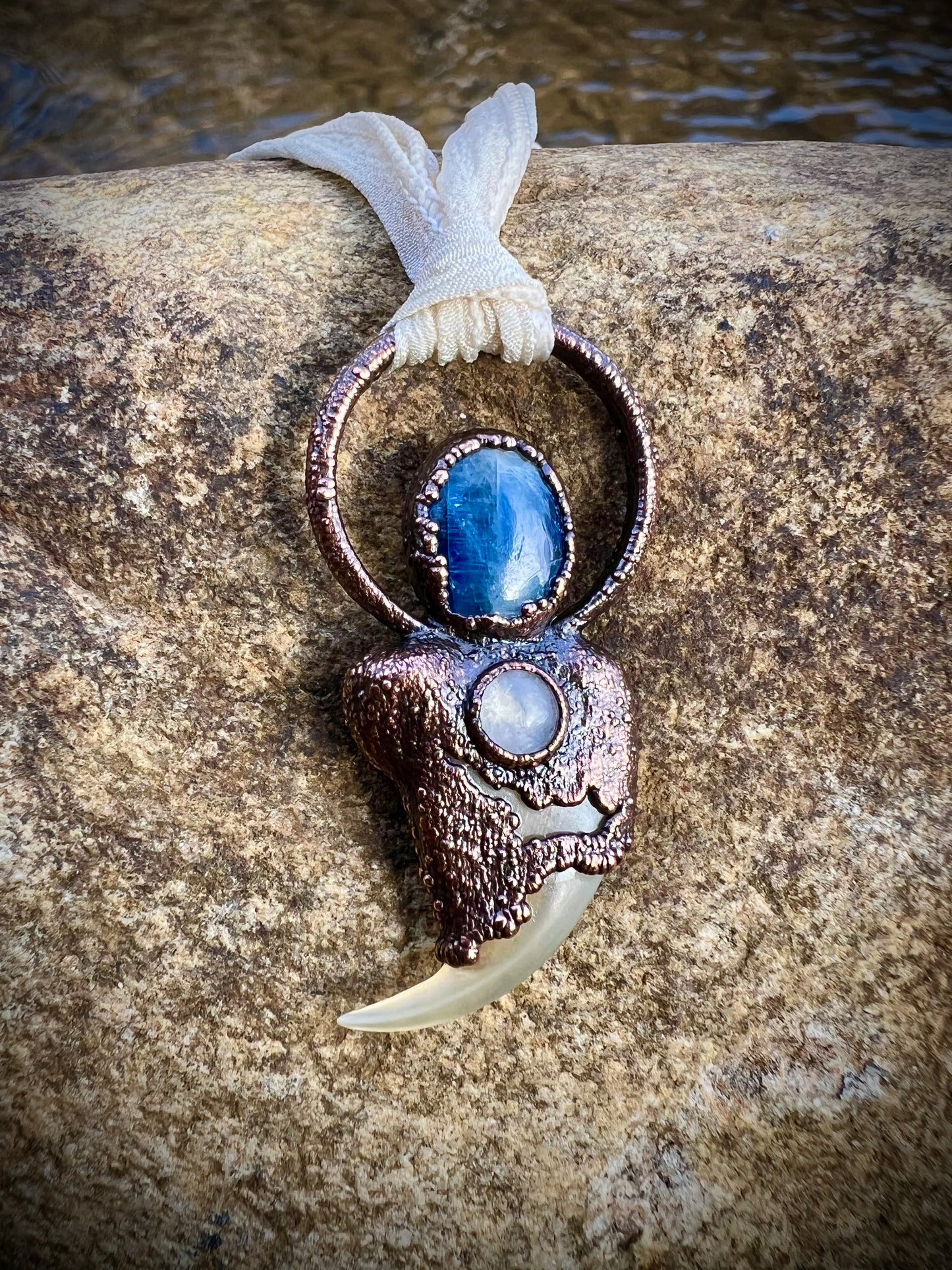 Cougar Claw with Blue Kyanite and Rainbow Moonstone - Copper Electroformed Necklace