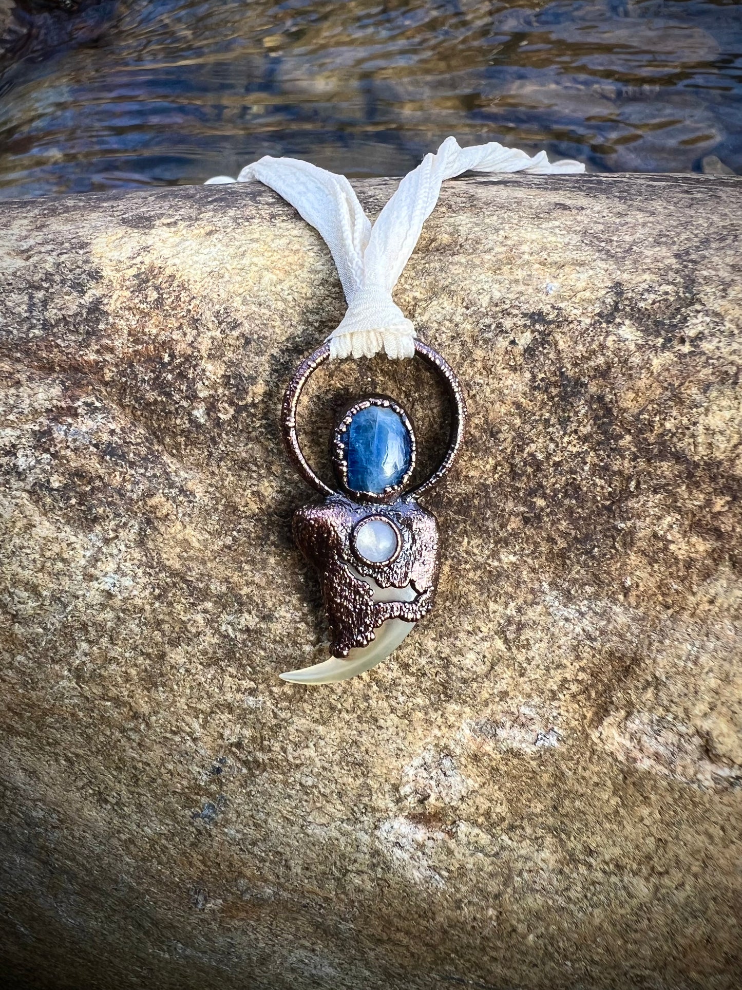 Cougar Claw with Blue Kyanite and Rainbow Moonstone - Copper Electroformed Necklace