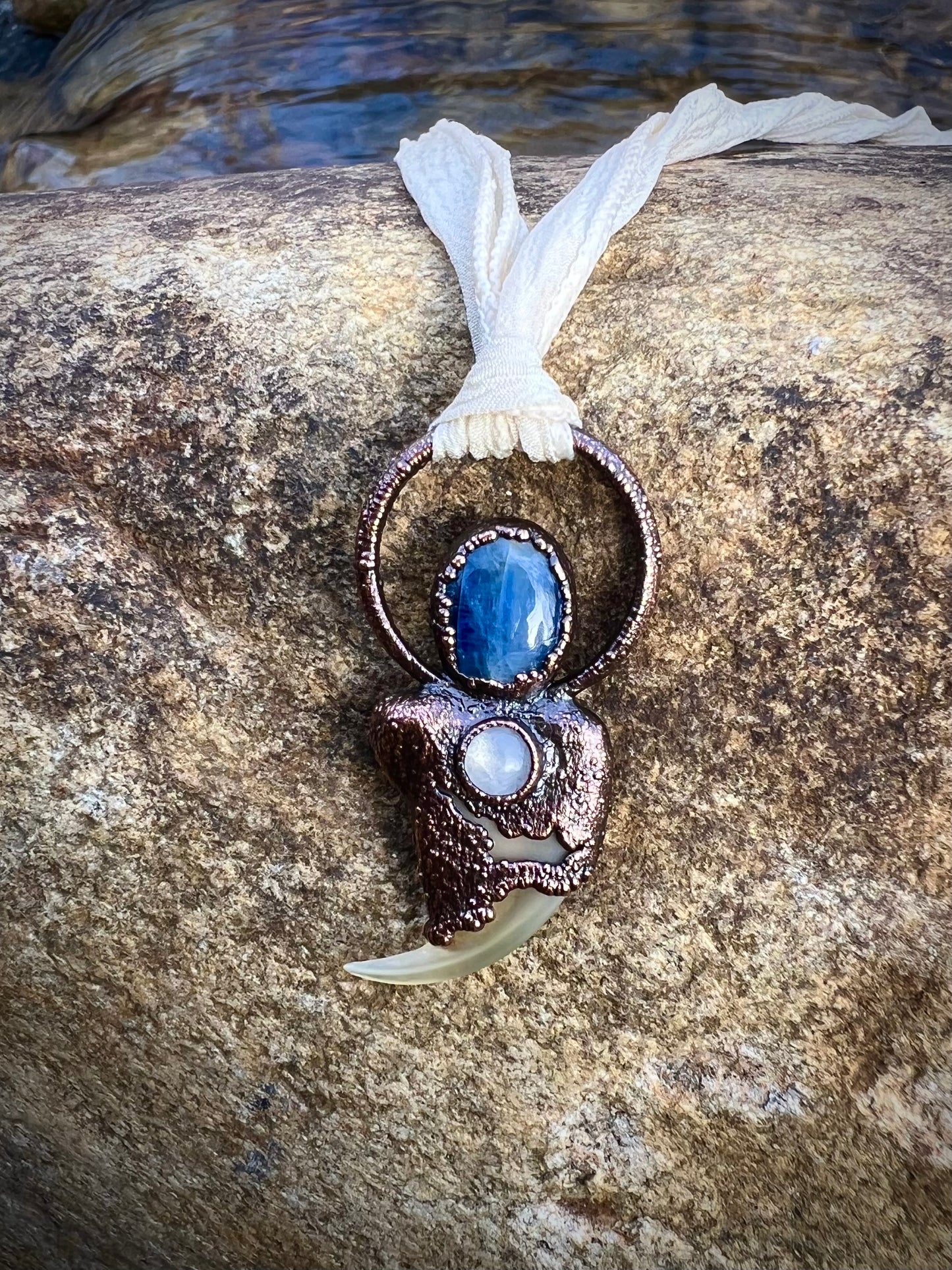 Cougar Claw with Blue Kyanite and Rainbow Moonstone - Copper Electroformed Necklace