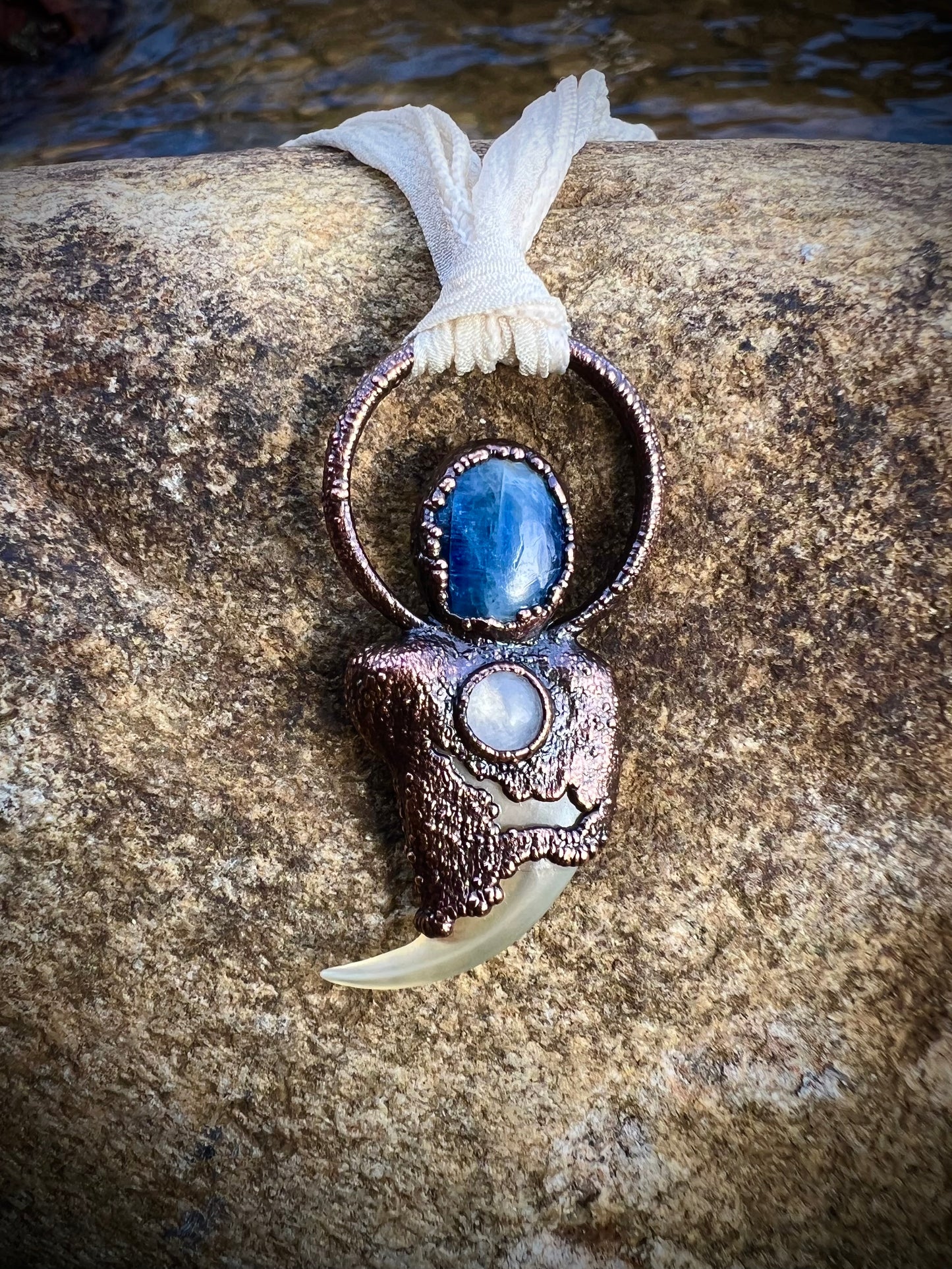 Cougar Claw with Blue Kyanite and Rainbow Moonstone - Copper Electroformed Necklace