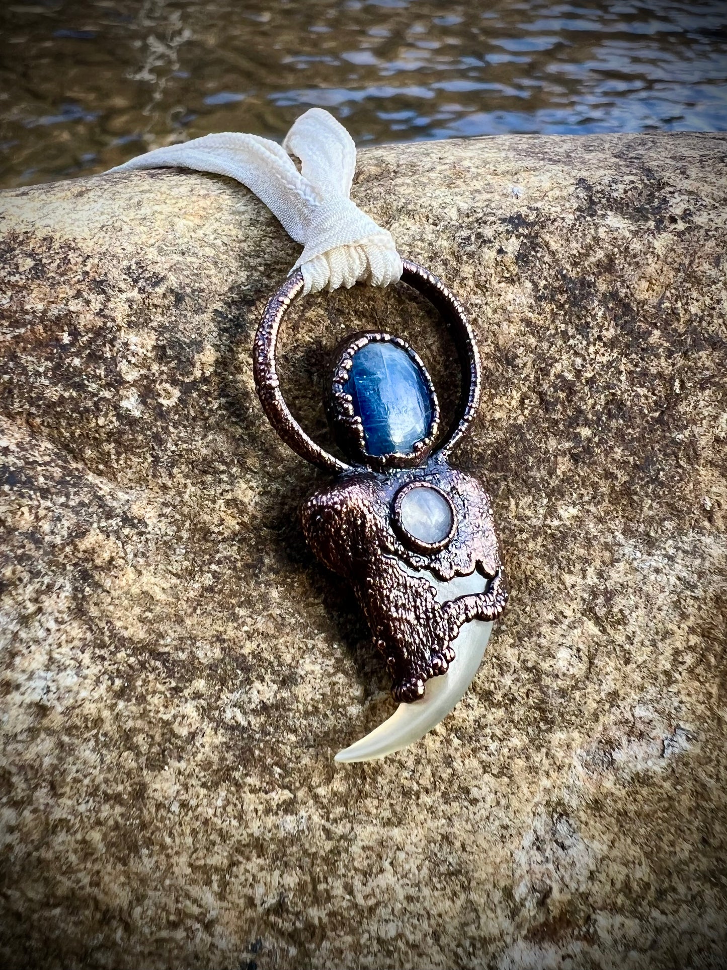 Cougar Claw with Blue Kyanite and Rainbow Moonstone - Copper Electroformed Necklace