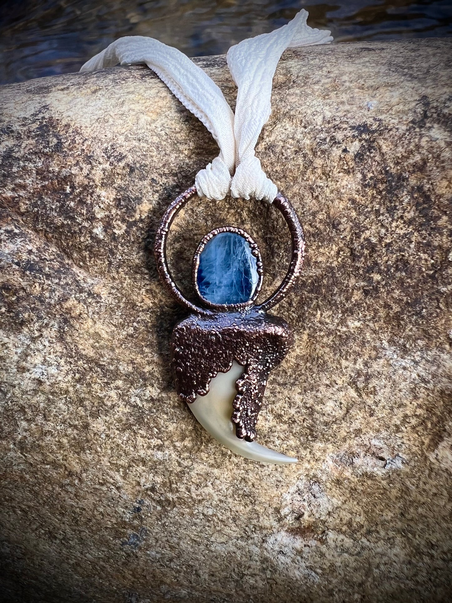 Cougar Claw with Blue Kyanite and Rainbow Moonstone - Copper Electroformed Necklace