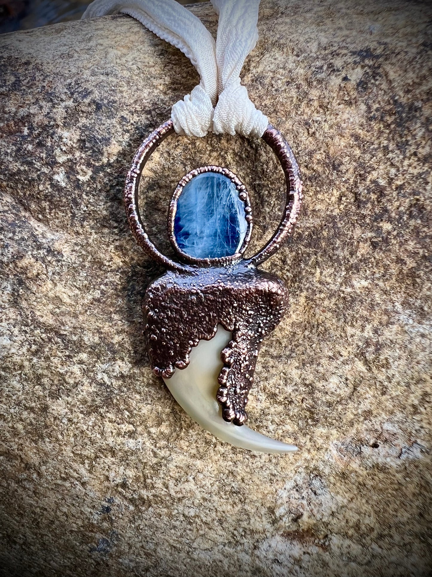 Cougar Claw with Blue Kyanite and Rainbow Moonstone - Copper Electroformed Necklace