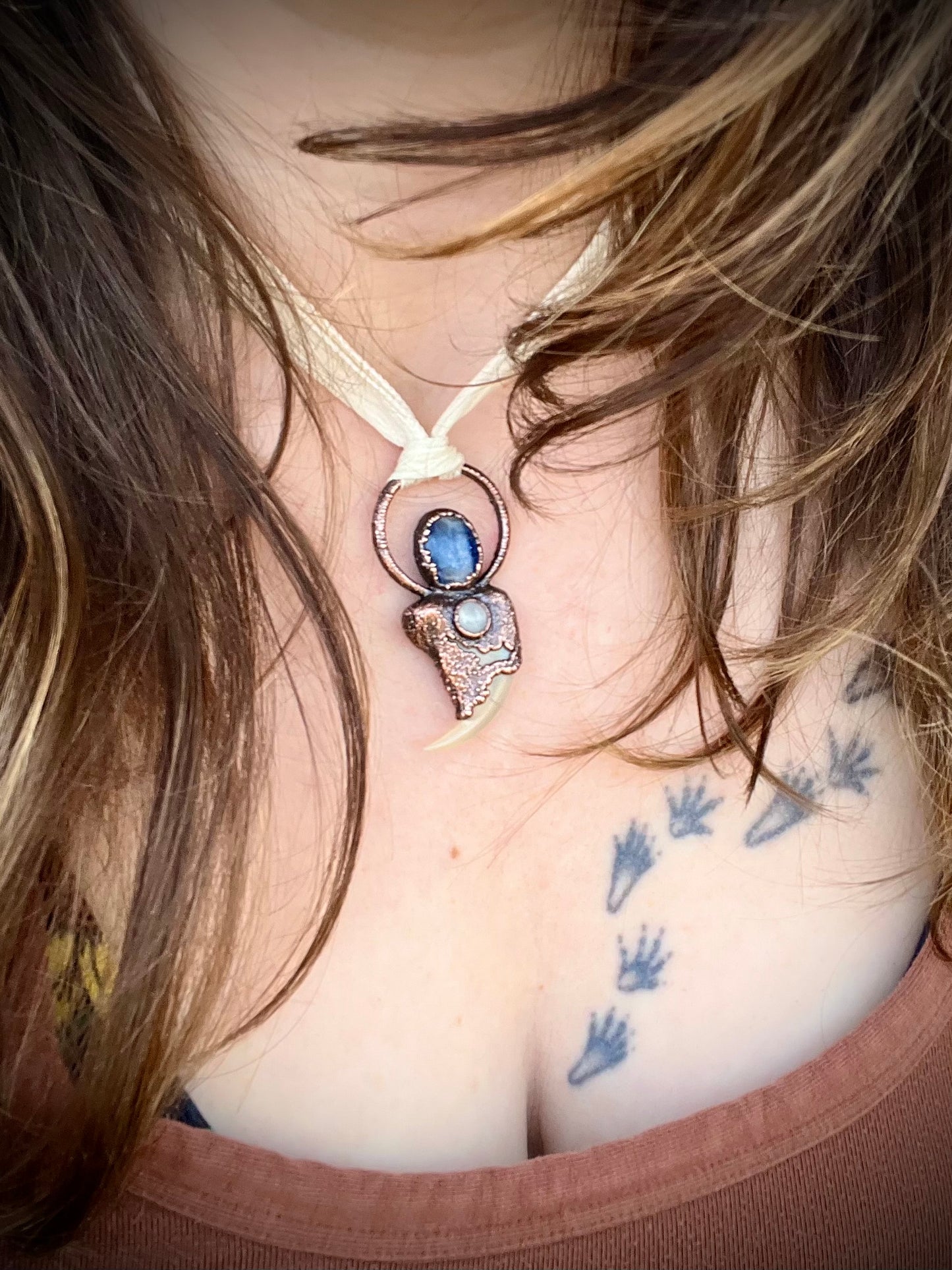 Cougar Claw with Blue Kyanite and Rainbow Moonstone - Copper Electroformed Necklace