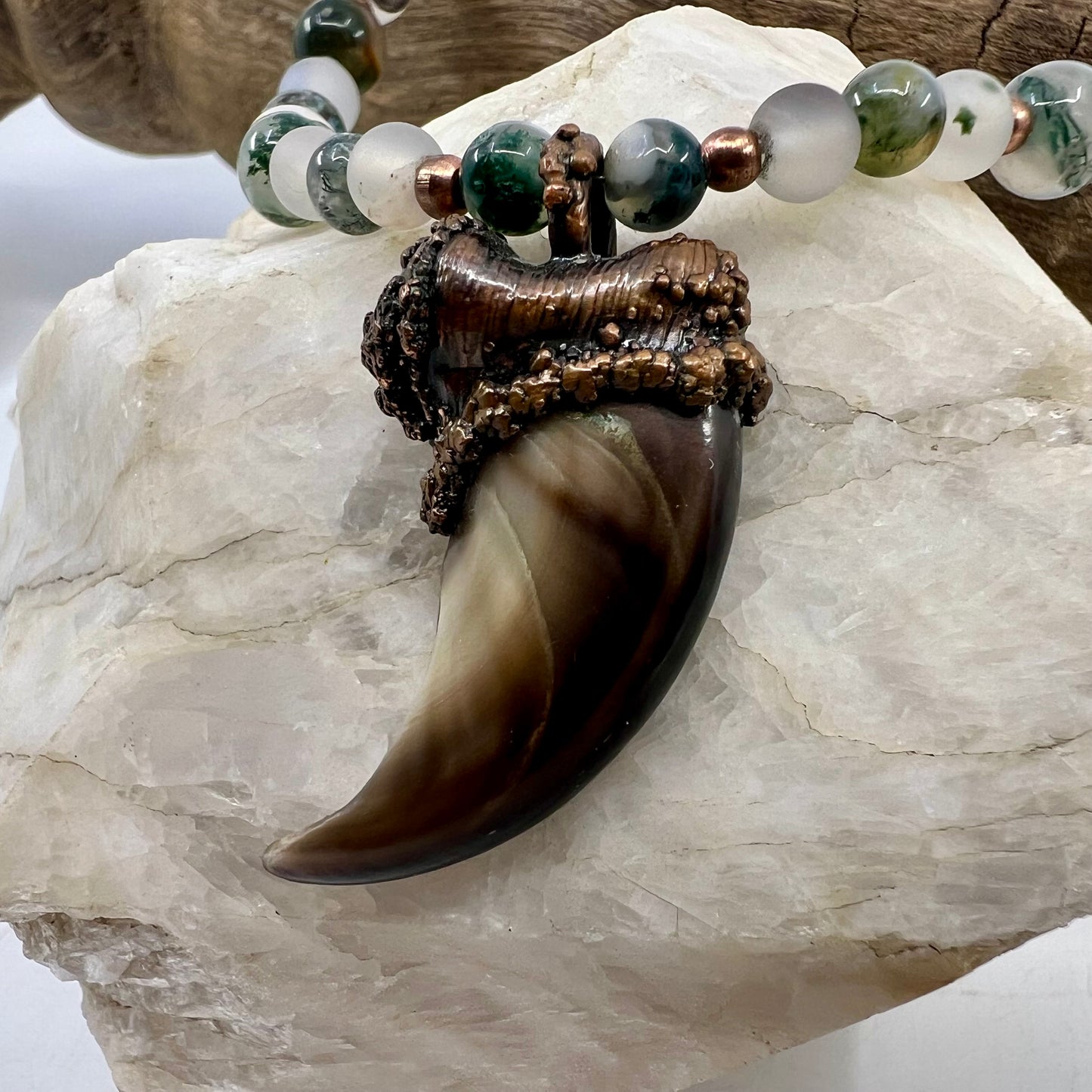 Black Bear Claw on Jasper and Montana Agate Bead Strand, Med/Lg Rear Claw - Copper Electroformed Necklace