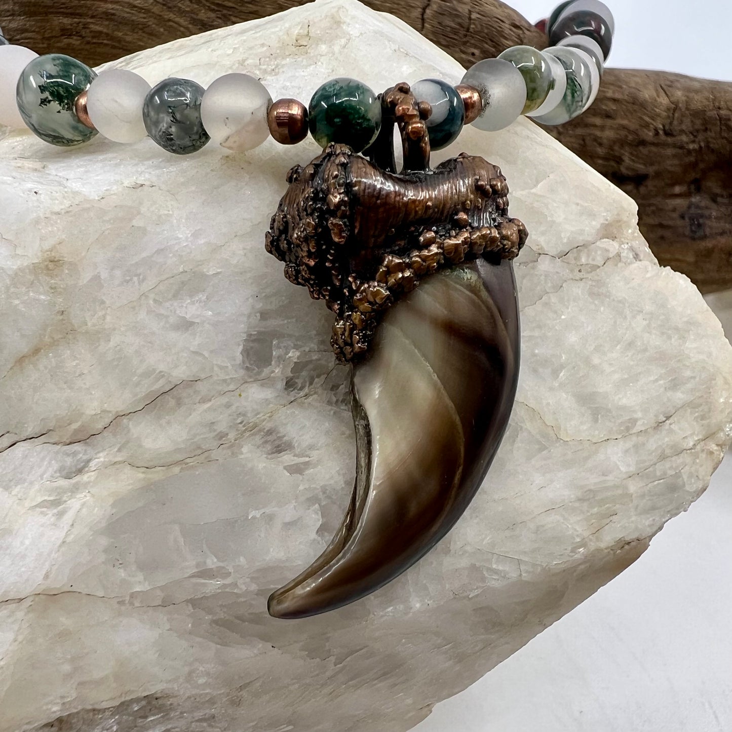 Black Bear Claw on Jasper and Montana Agate Bead Strand, Med/Lg Rear Claw - Copper Electroformed Necklace