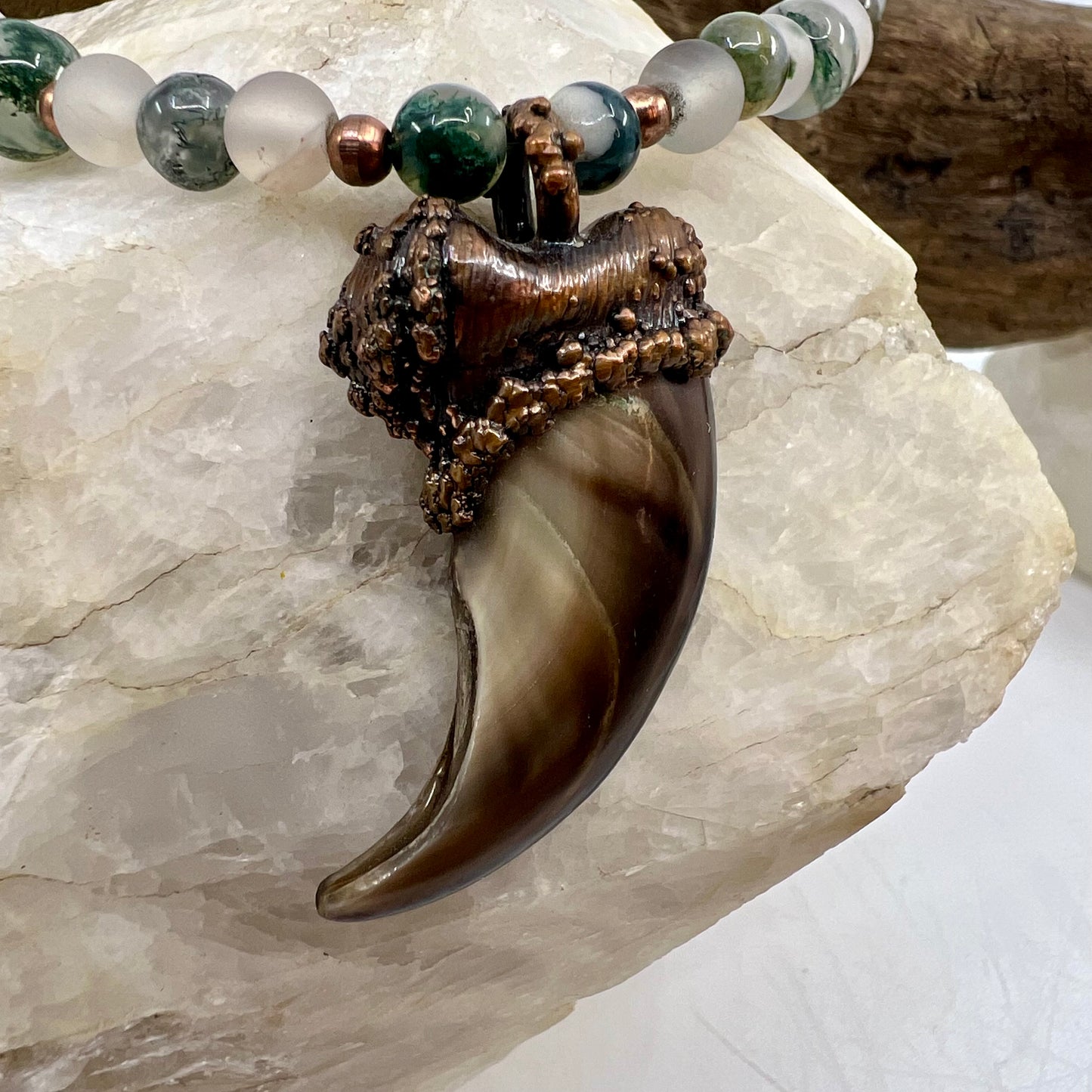 Black Bear Claw on Jasper and Montana Agate Bead Strand, Med/Lg Rear Claw - Copper Electroformed Necklace