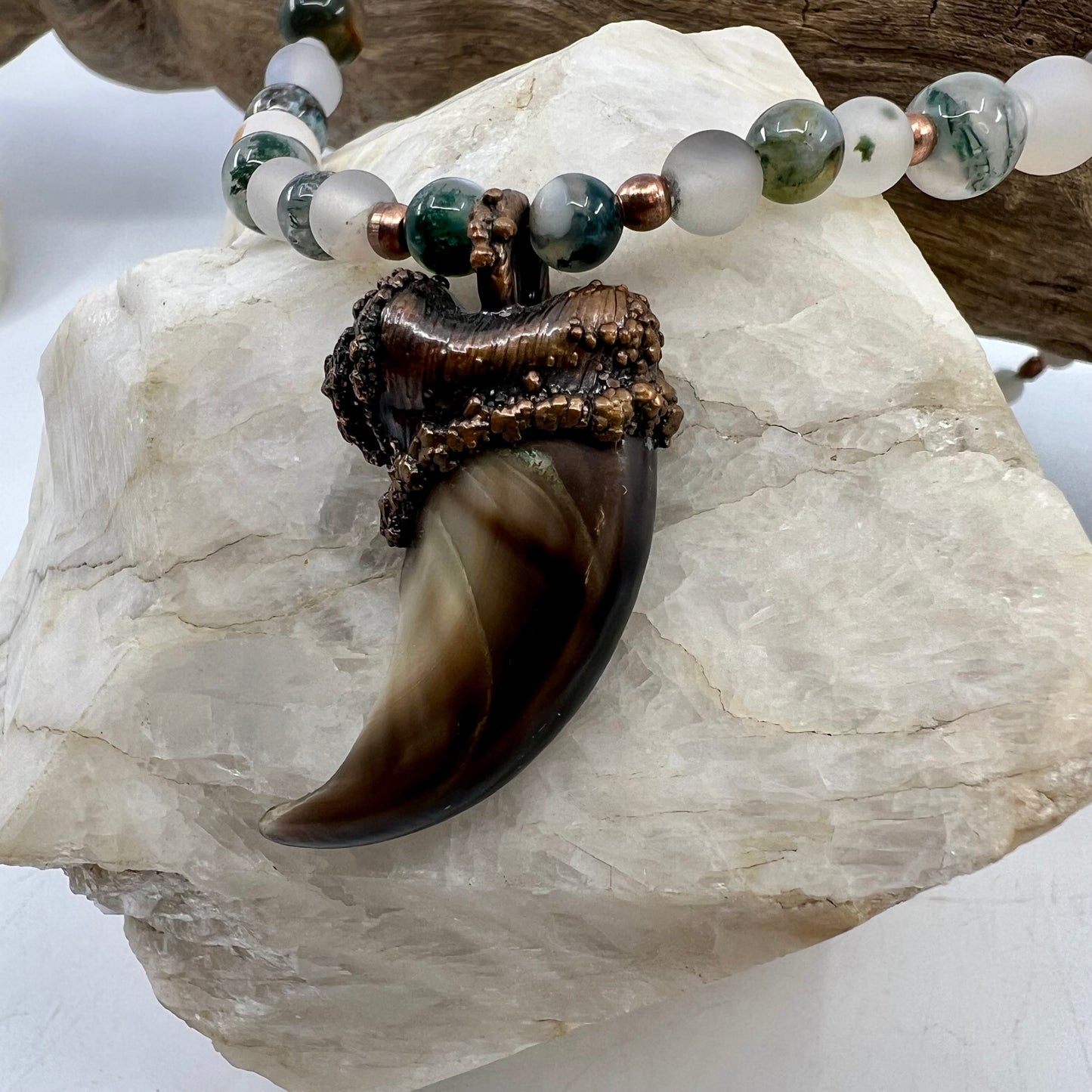 Black Bear Claw on Jasper and Montana Agate Bead Strand, Med/Lg Rear Claw - Copper Electroformed Necklace