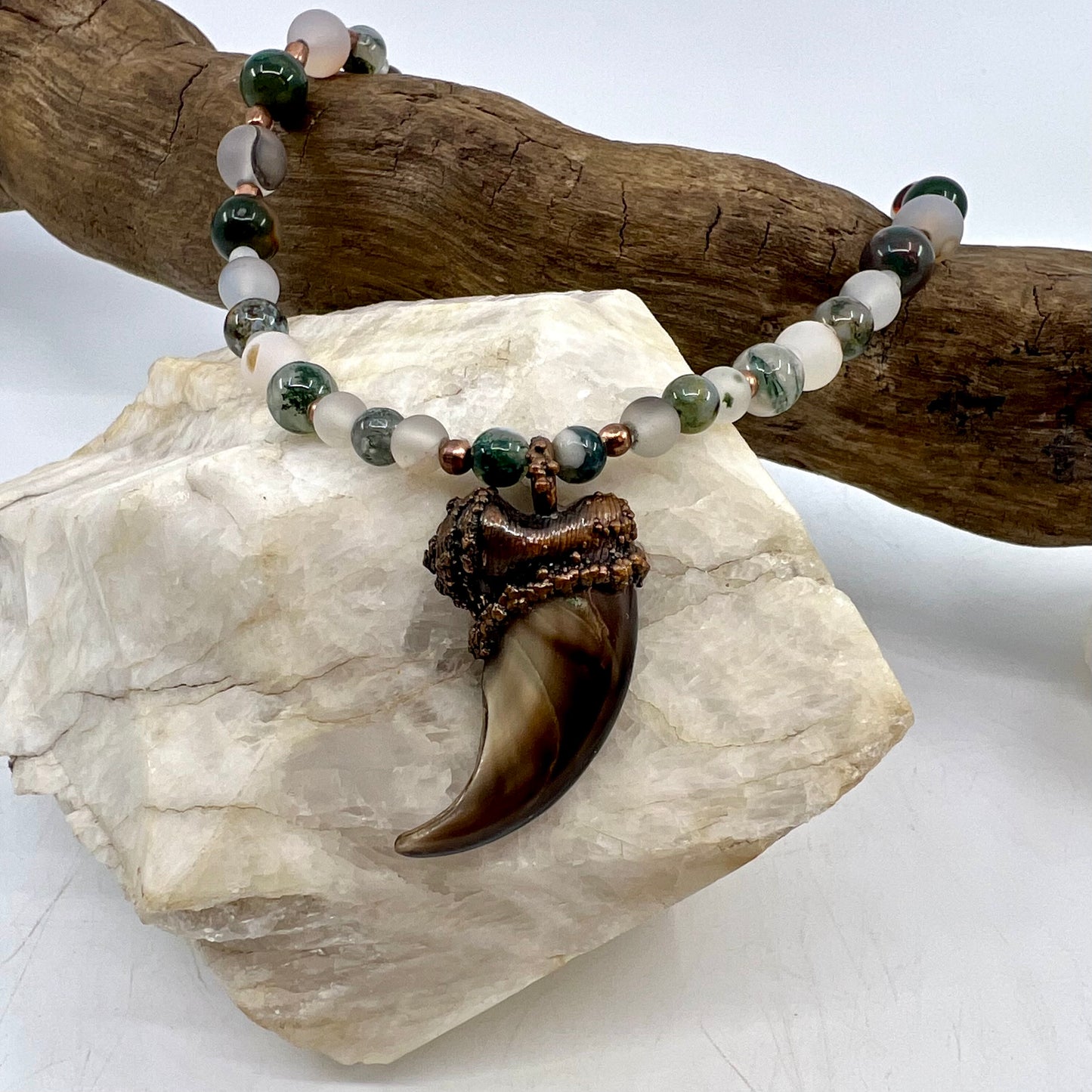 Black Bear Claw on Jasper and Montana Agate Bead Strand, Med/Lg Rear Claw - Copper Electroformed Necklace