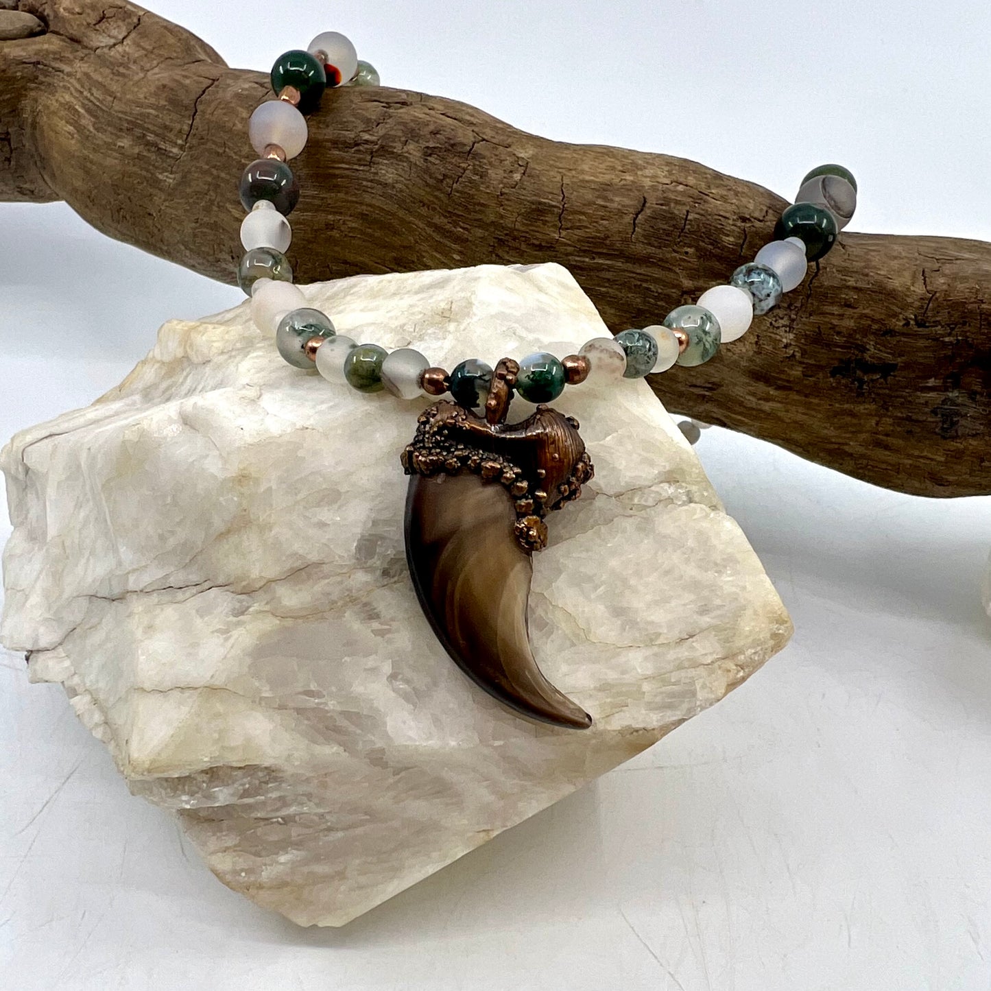 Black Bear Claw on Jasper and Montana Agate Bead Strand, Med/Lg Rear Claw - Copper Electroformed Necklace