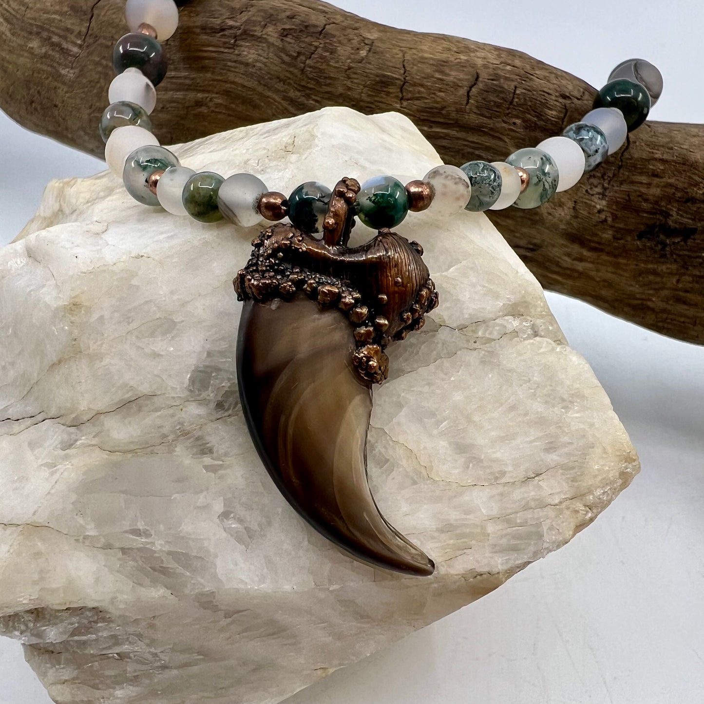 Black Bear Claw on Jasper and Montana Agate Bead Strand, Med/Lg Rear Claw - Copper Electroformed Necklace