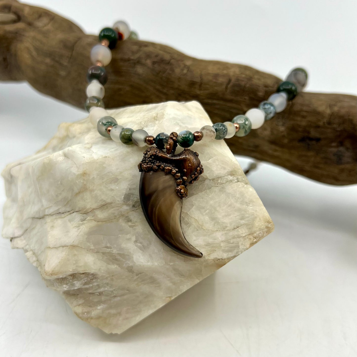 Black Bear Claw on Jasper and Montana Agate Bead Strand, Med/Lg Rear Claw - Copper Electroformed Necklace