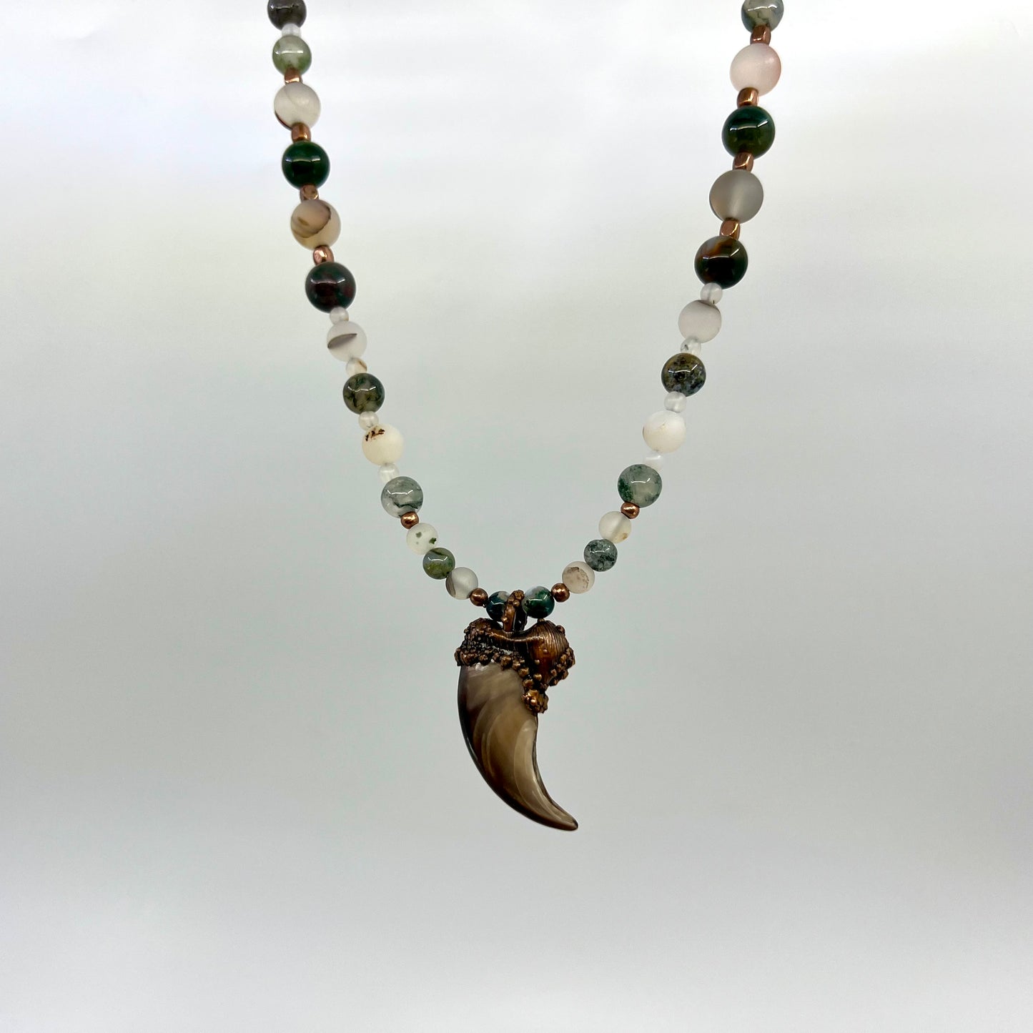 Black Bear Claw on Jasper and Montana Agate Bead Strand, Med/Lg Rear Claw - Copper Electroformed Necklace