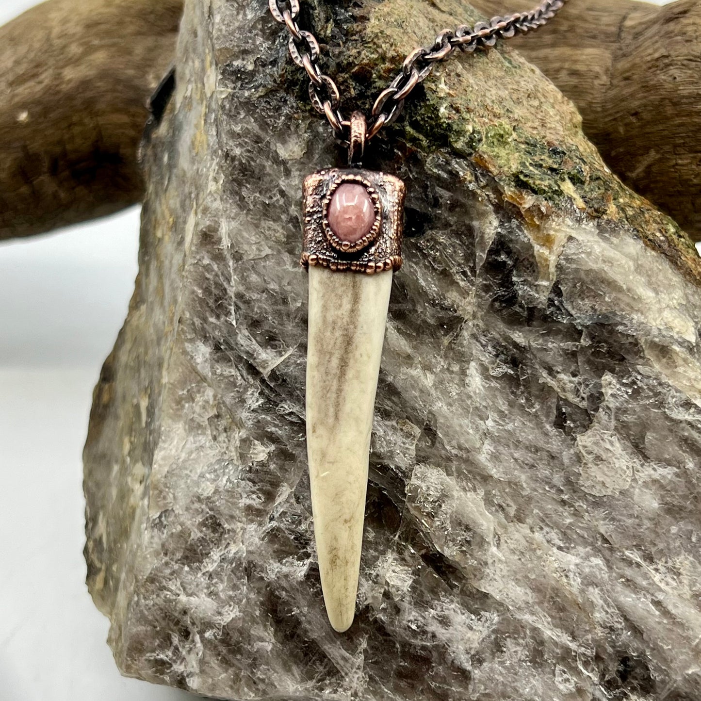 Antler Tip Necklace with Rhodochrosite Accent- Copper Electroformed