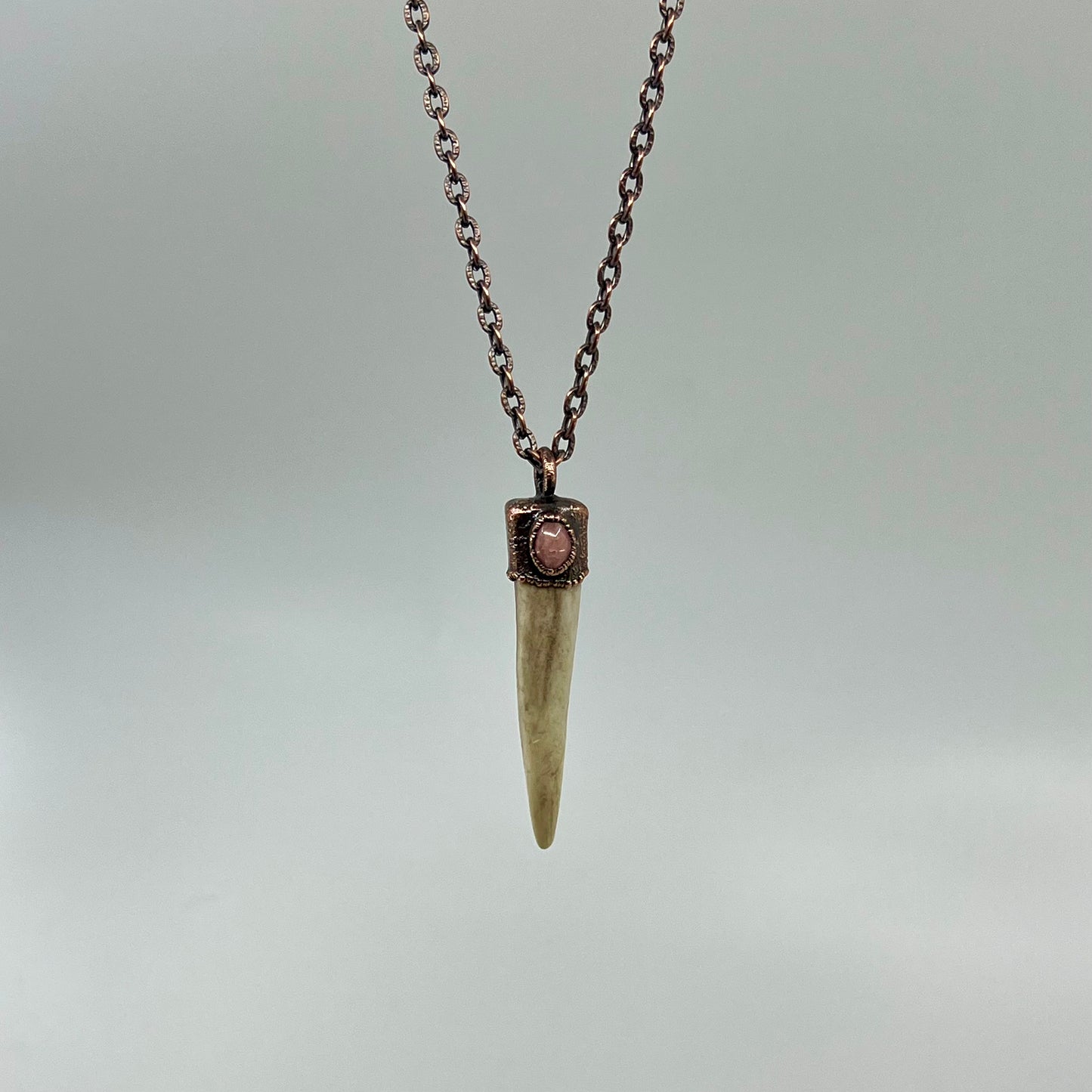 Antler Tip Necklace with Rhodochrosite Accent- Copper Electroformed