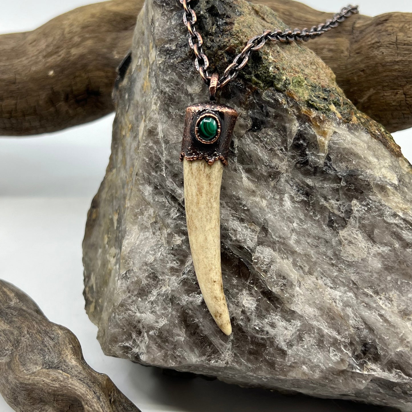 Antler Tip Necklace with Malachite Accent - Copper Electroformed