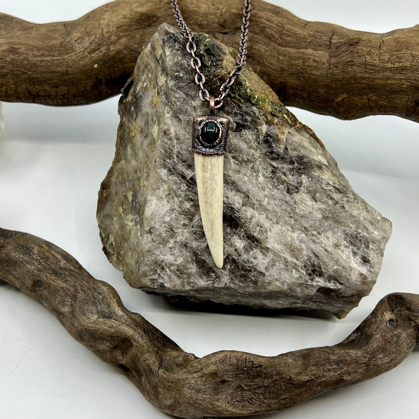 Antler Tip Necklace with Blue Tiger's Eye Accent- Copper Electroformed