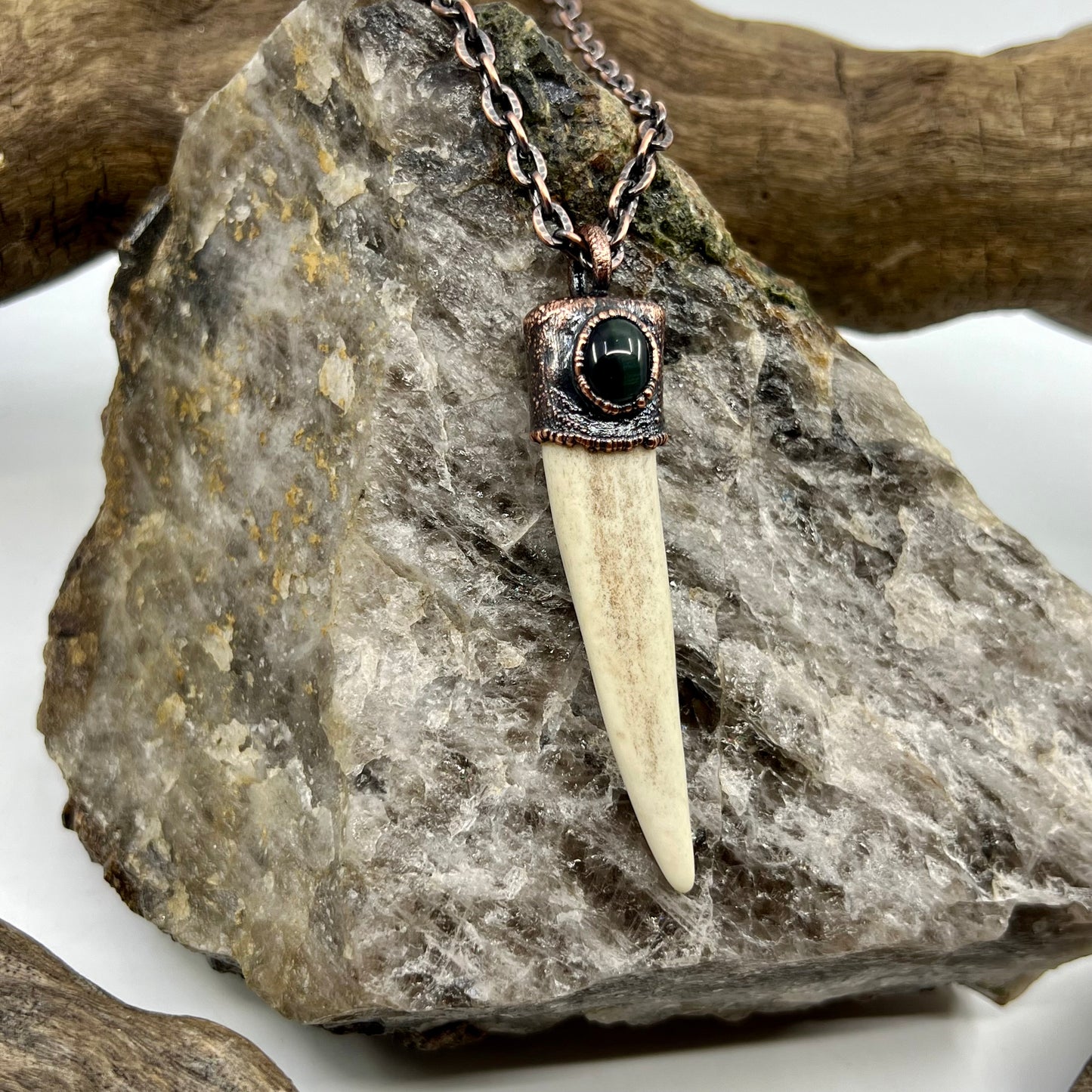 Antler Tip Necklace with Blue Tiger's Eye Accent- Copper Electroformed