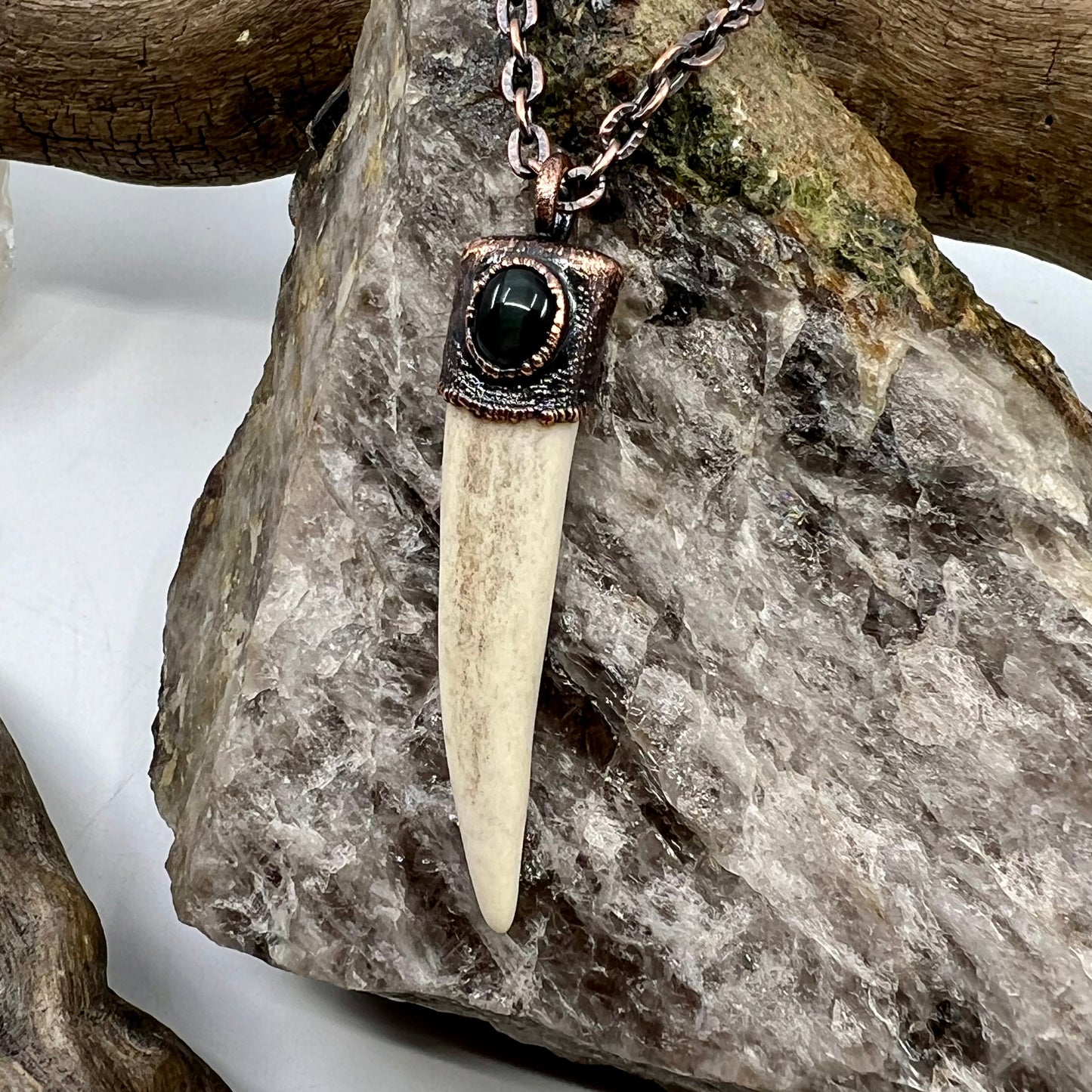 Antler Tip Necklace with Blue Tiger's Eye Accent- Copper Electroformed