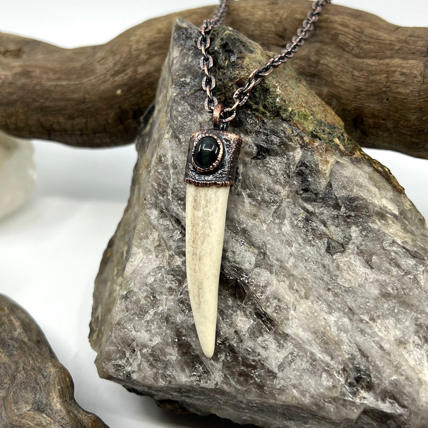 Antler Tip Necklace with Blue Tiger's Eye Accent- Copper Electroformed