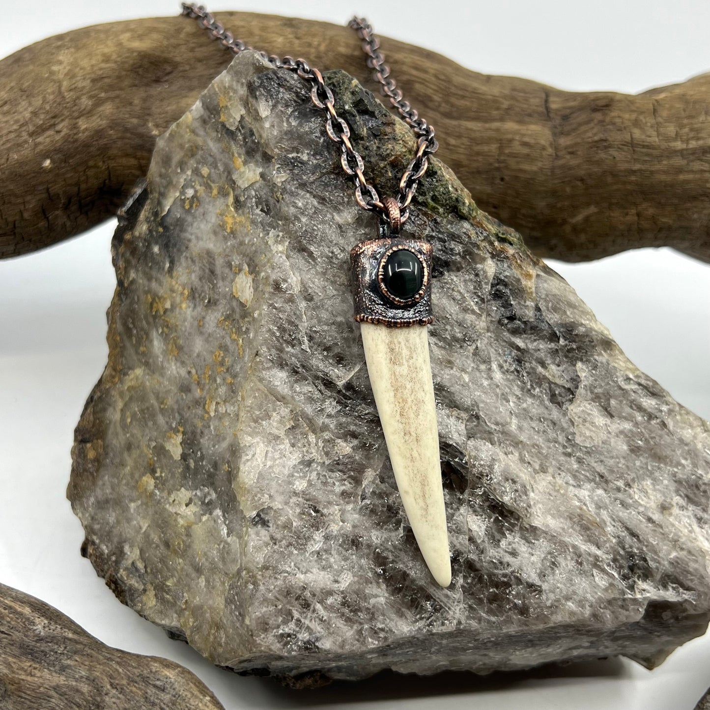 Antler Tip Necklace with Blue Tiger's Eye Accent- Copper Electroformed