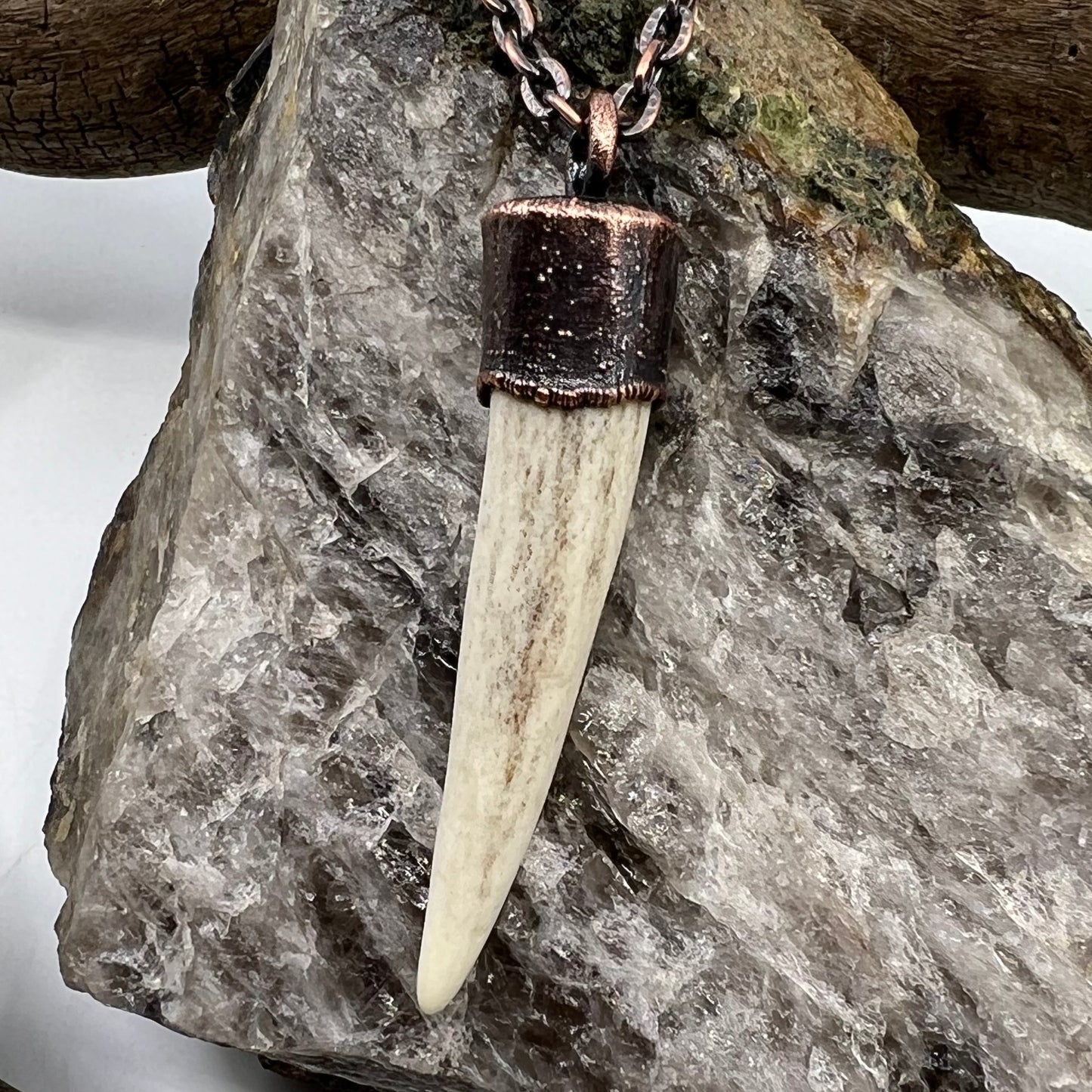 Antler Tip Necklace with Blue Tiger's Eye Accent- Copper Electroformed