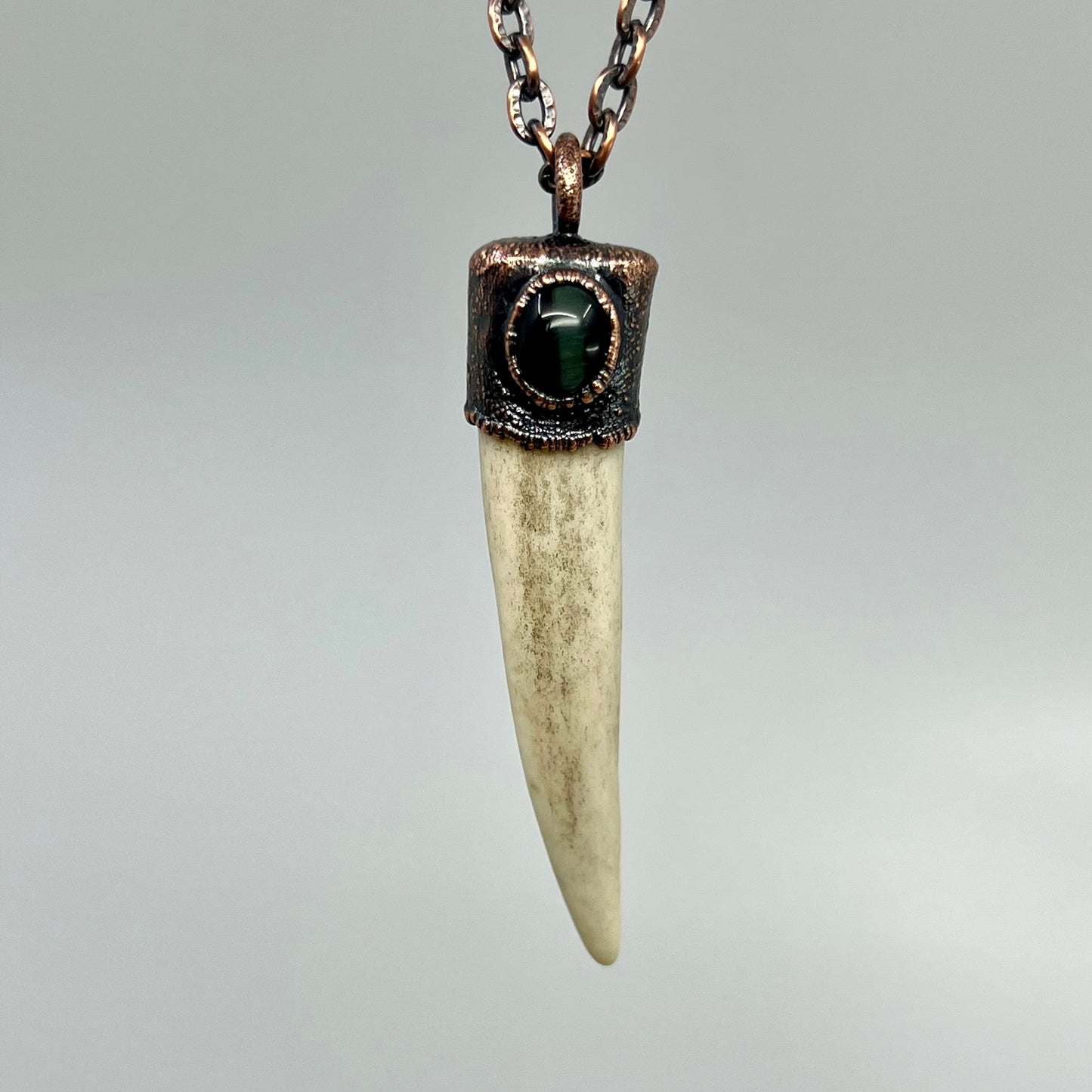 Antler Tip Necklace with Blue Tiger's Eye Accent- Copper Electroformed