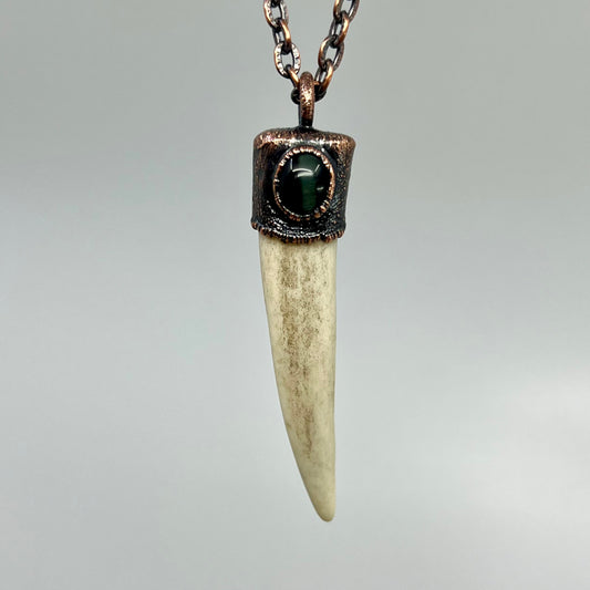 Antler Tip Necklace with Blue Tiger's Eye Accent- Copper Electroformed
