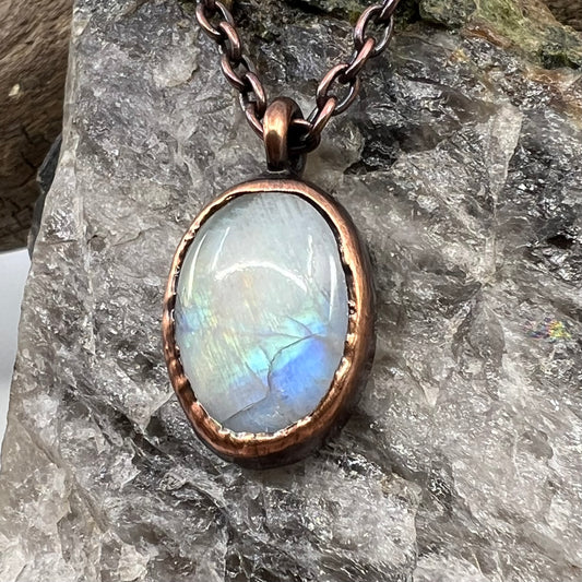 Rainbow Moonstone Necklace - Copper Electroformed