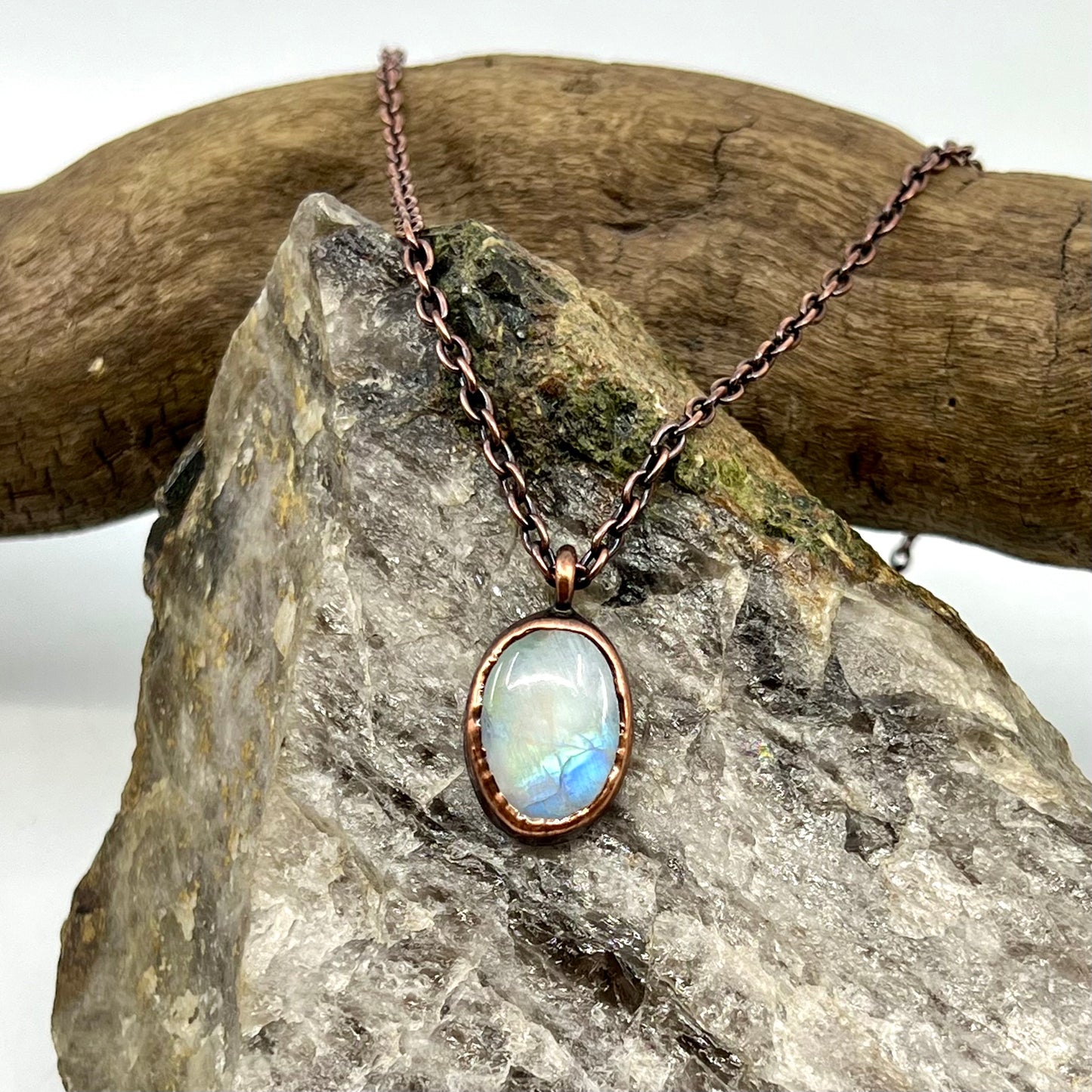 Rainbow Moonstone Necklace - Copper Electroformed