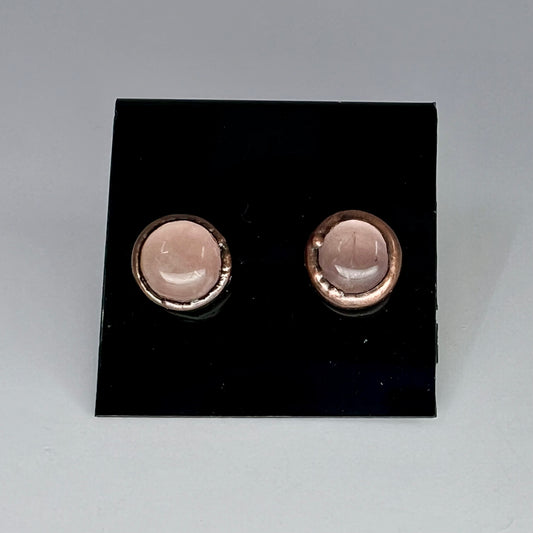 Rose Quartz Stud Earrings, Antique Finish - Copper Electroformed