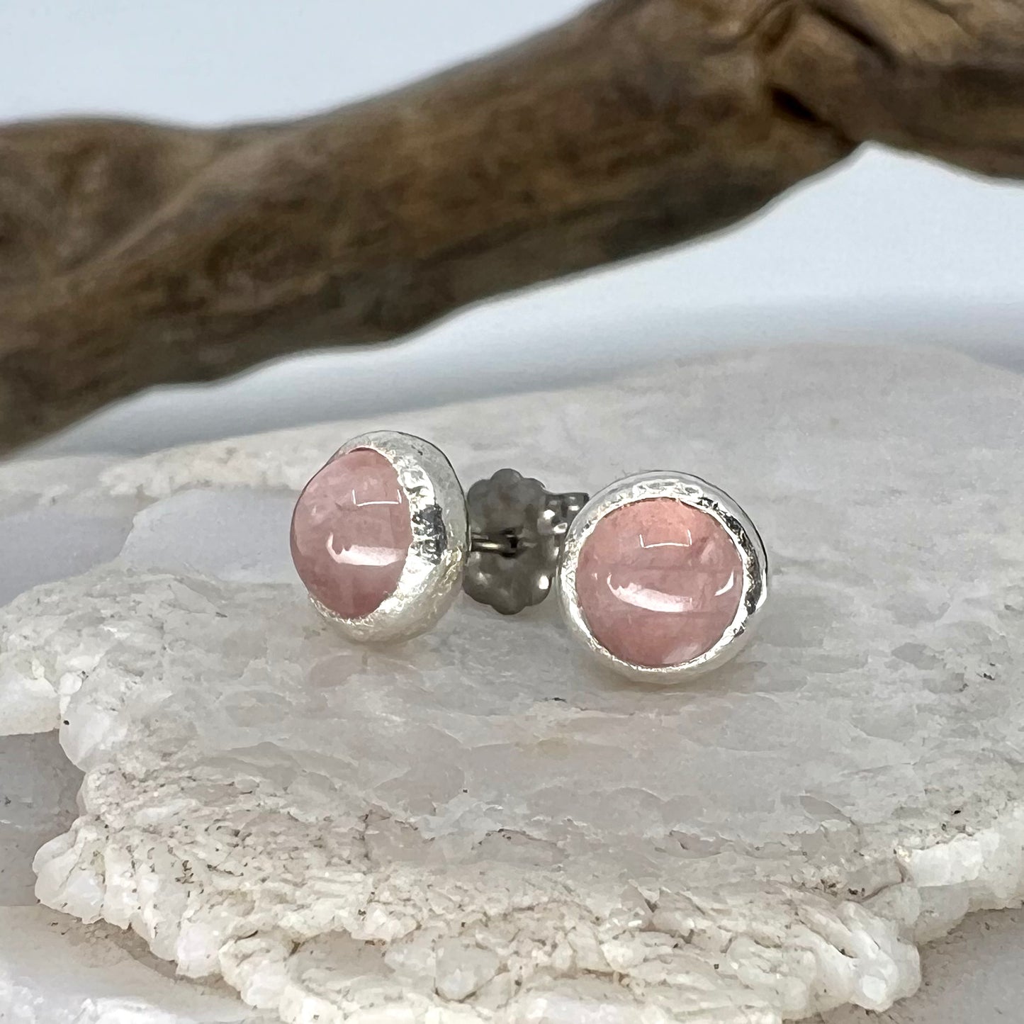 Rose Quartz Stud Earrings, Silver Plated - Copper Electroformed