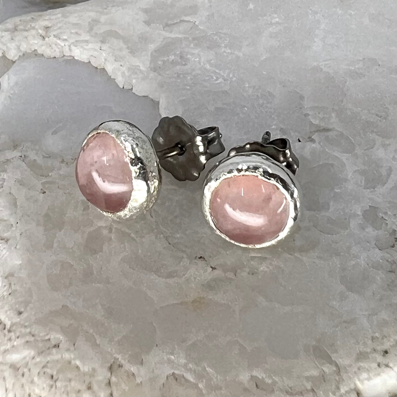 Rose Quartz Stud Earrings, Silver Plated - Copper Electroformed