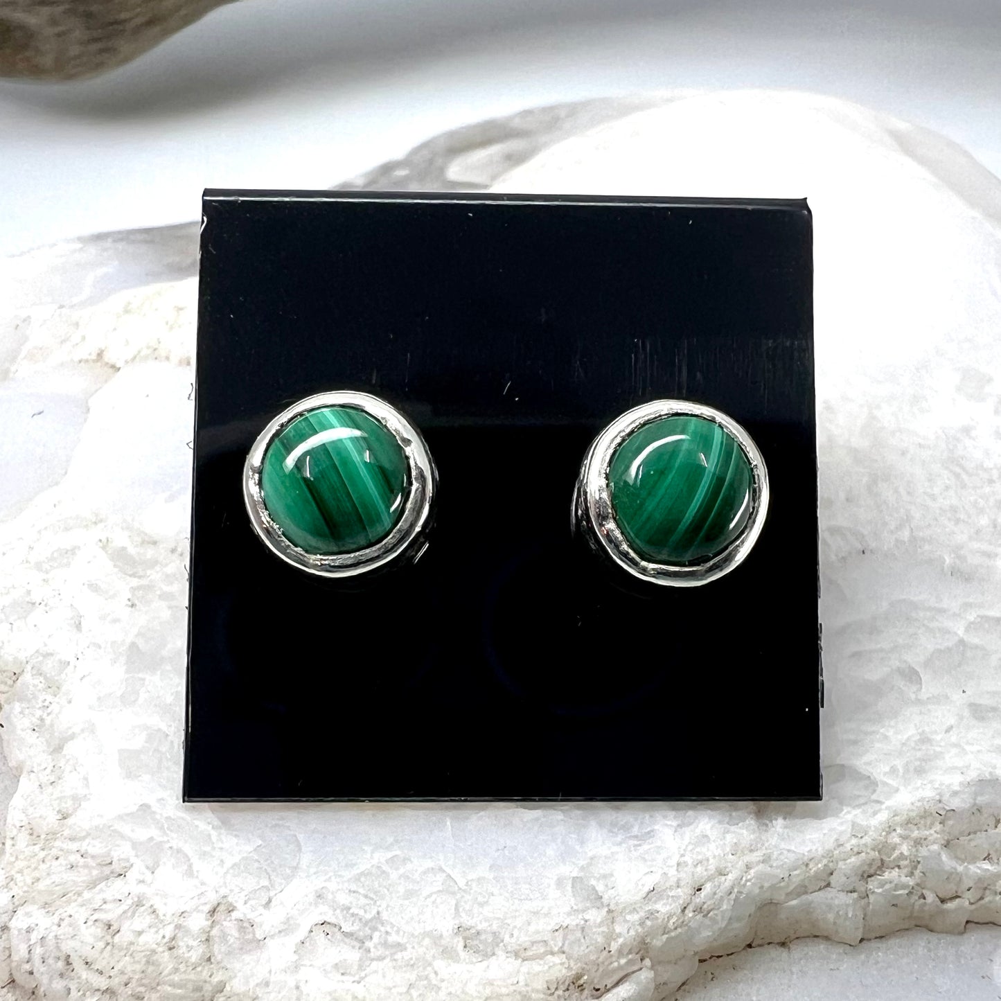 Malachite Stud Earrings, Silver Plated - Copper Electroformed