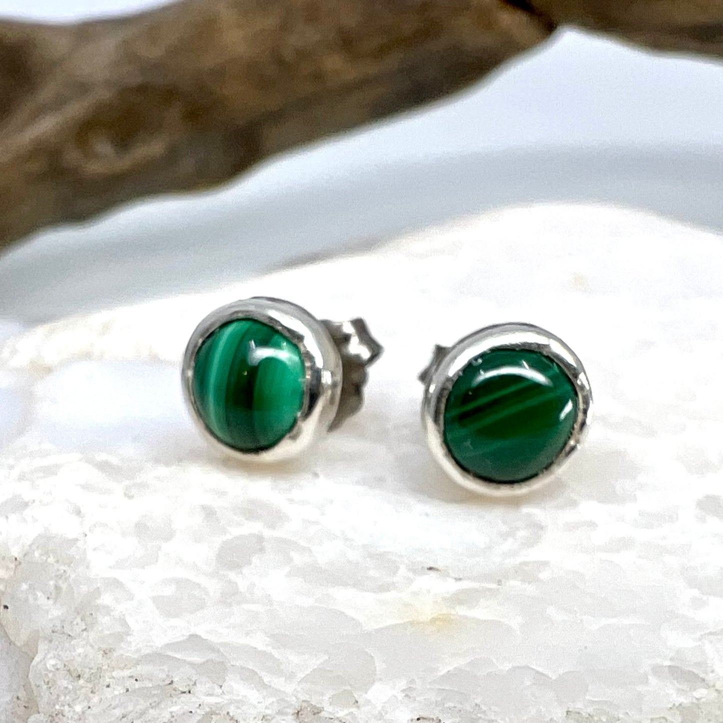 Malachite Stud Earrings, Silver Plated - Copper Electroformed