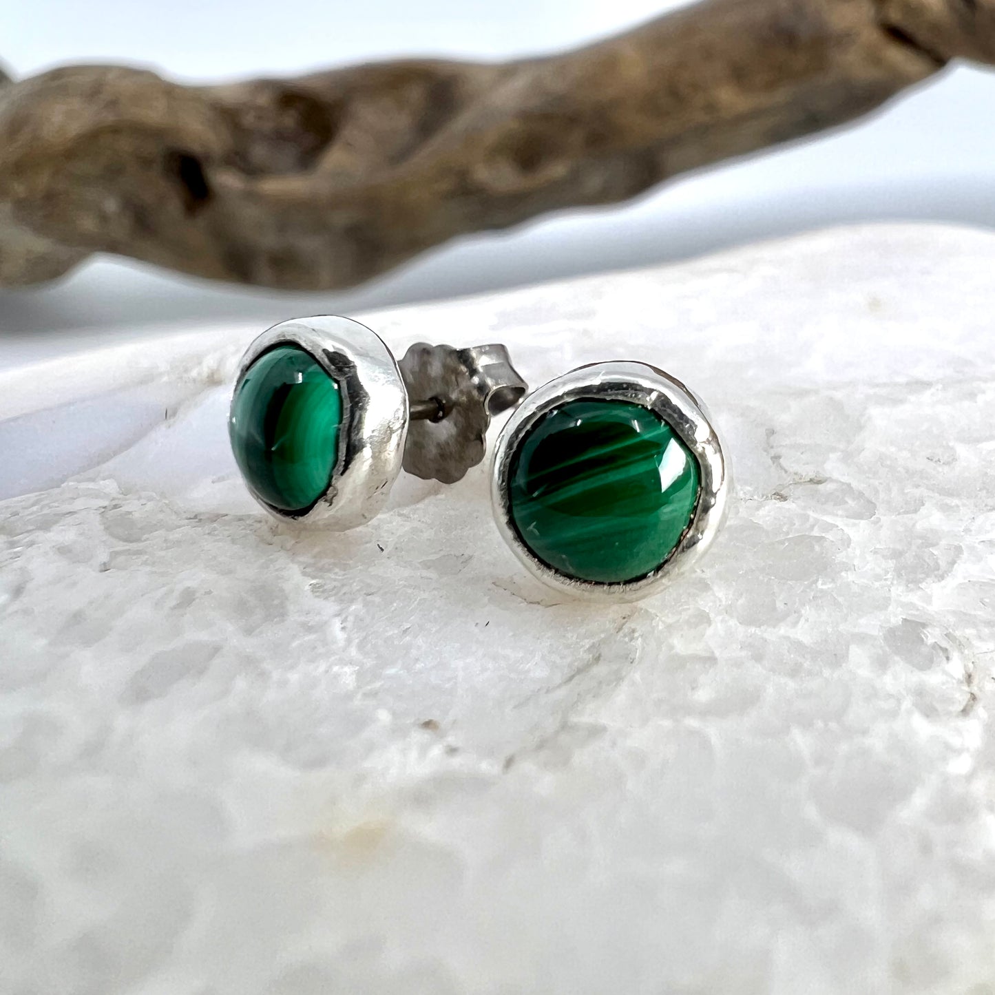 Malachite Stud Earrings, Silver Plated - Copper Electroformed