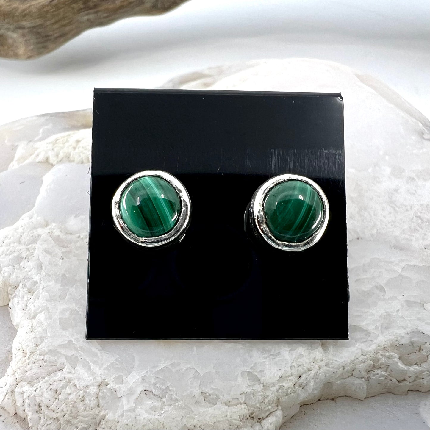 Malachite Stud Earrings, Silver Plated - Copper Electroformed