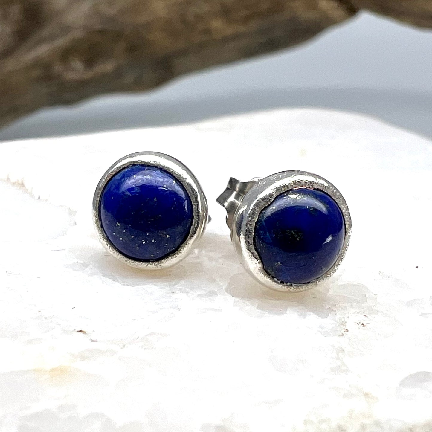 Lapis Lazuli Stud Earrings, Silver Plated - Copper Electroformed