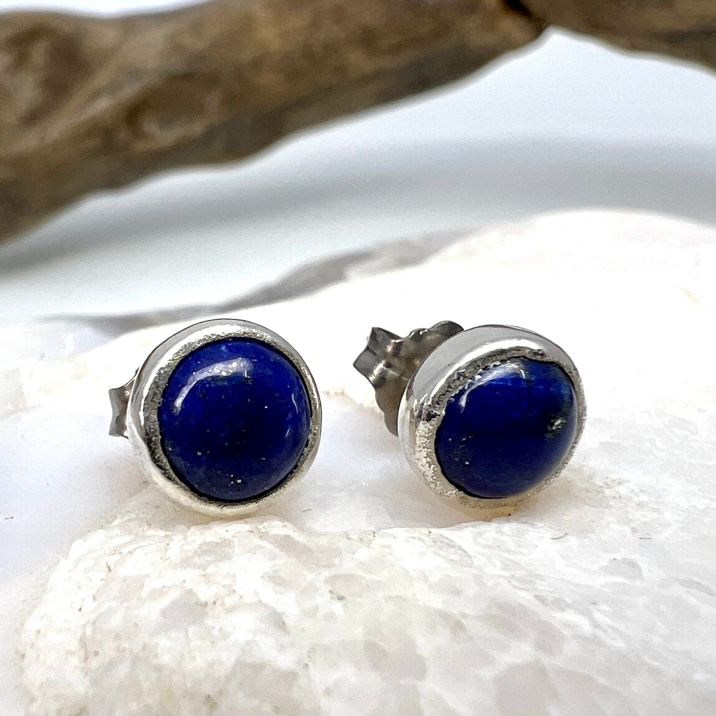 Lapis Lazuli Stud Earrings, Silver Plated - Copper Electroformed