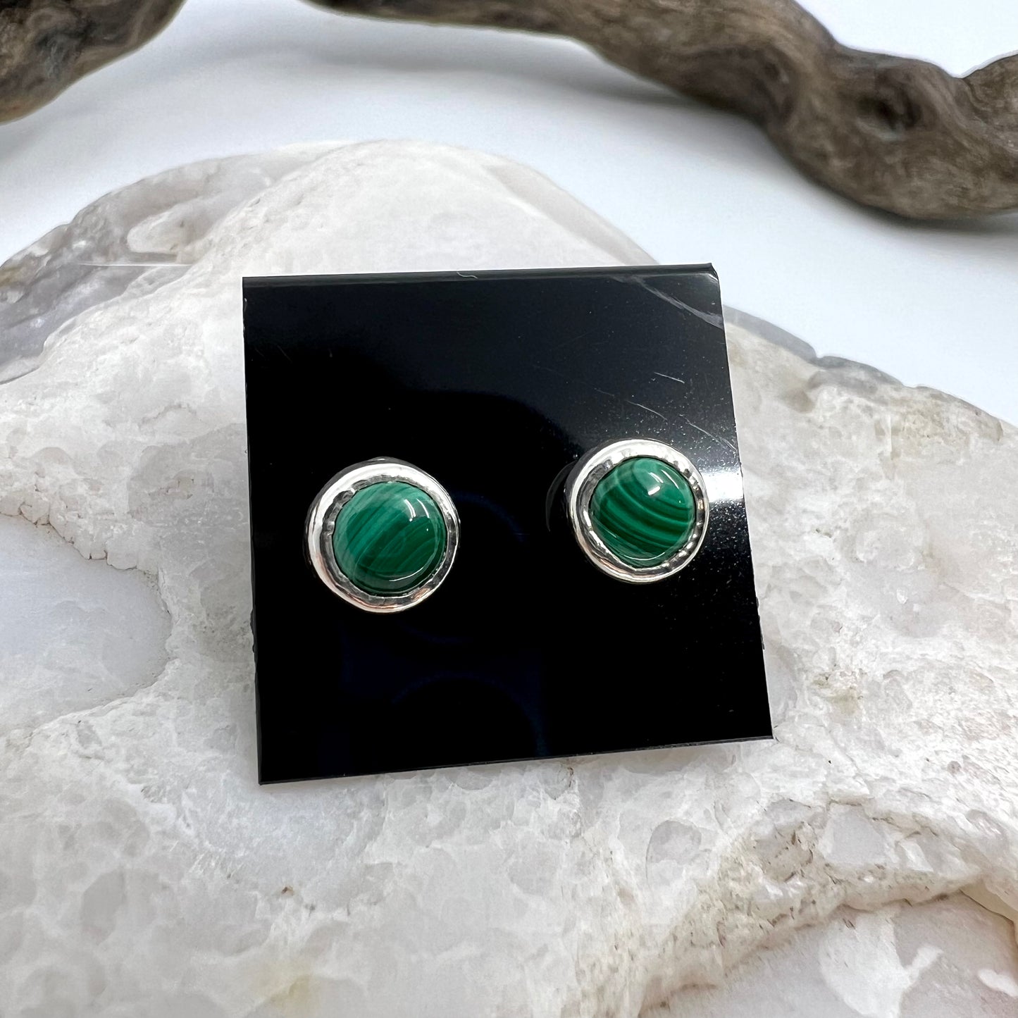 Malachite Stud Earrings, Silver Plated - Copper Electroformed