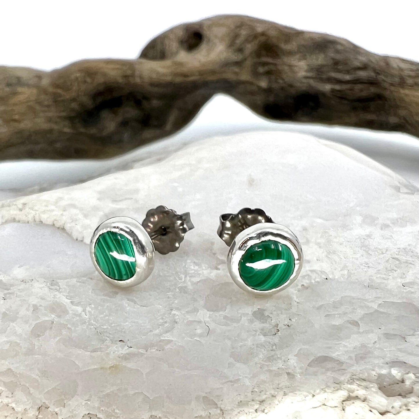 Malachite Stud Earrings, Silver Plated - Copper Electroformed