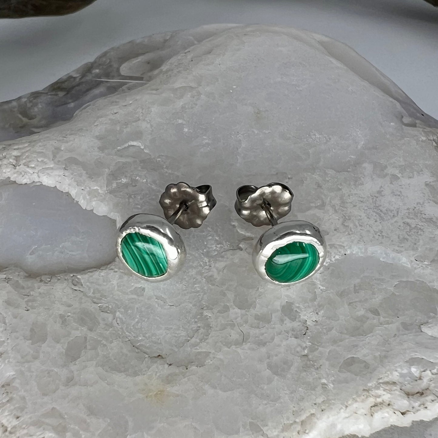 Malachite Stud Earrings, Silver Plated - Copper Electroformed