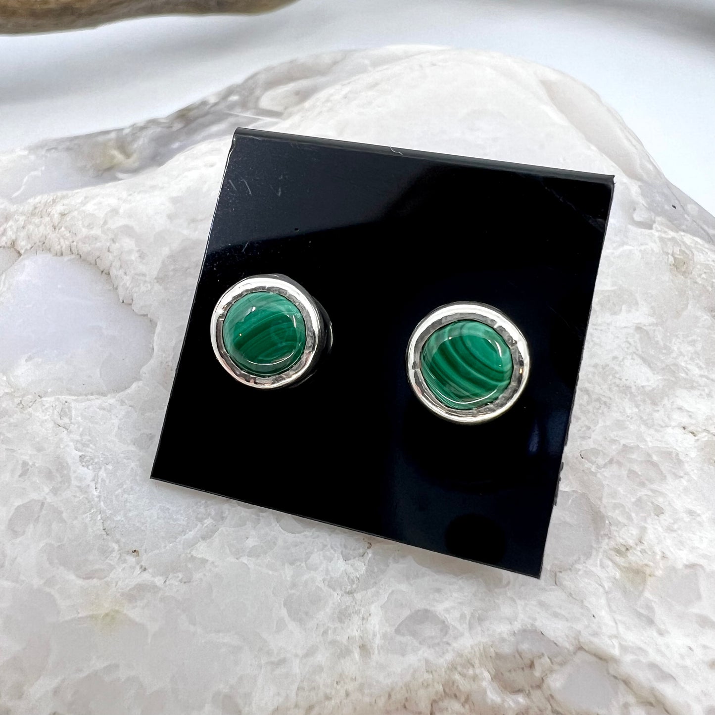 Malachite Stud Earrings, Silver Plated - Copper Electroformed