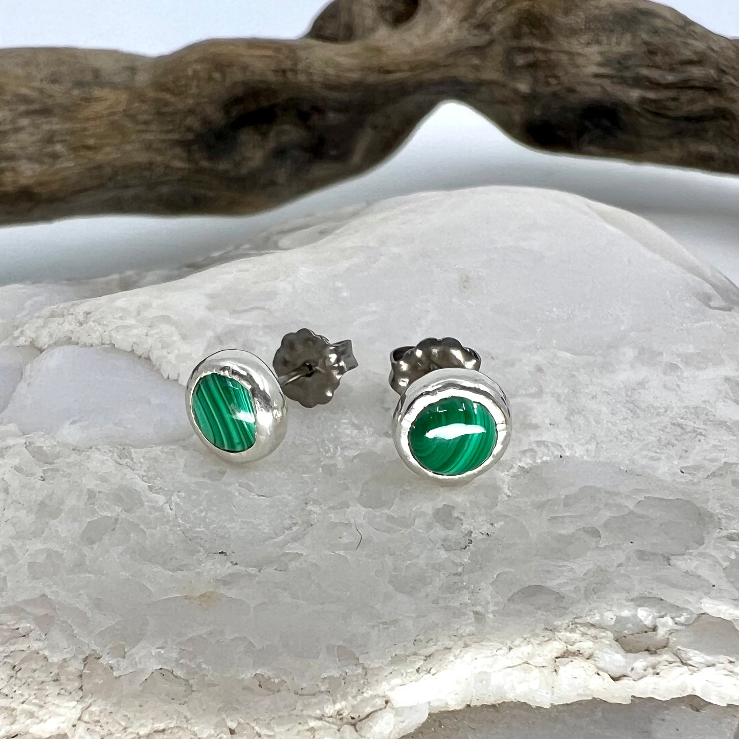 Malachite Stud Earrings, Silver Plated - Copper Electroformed