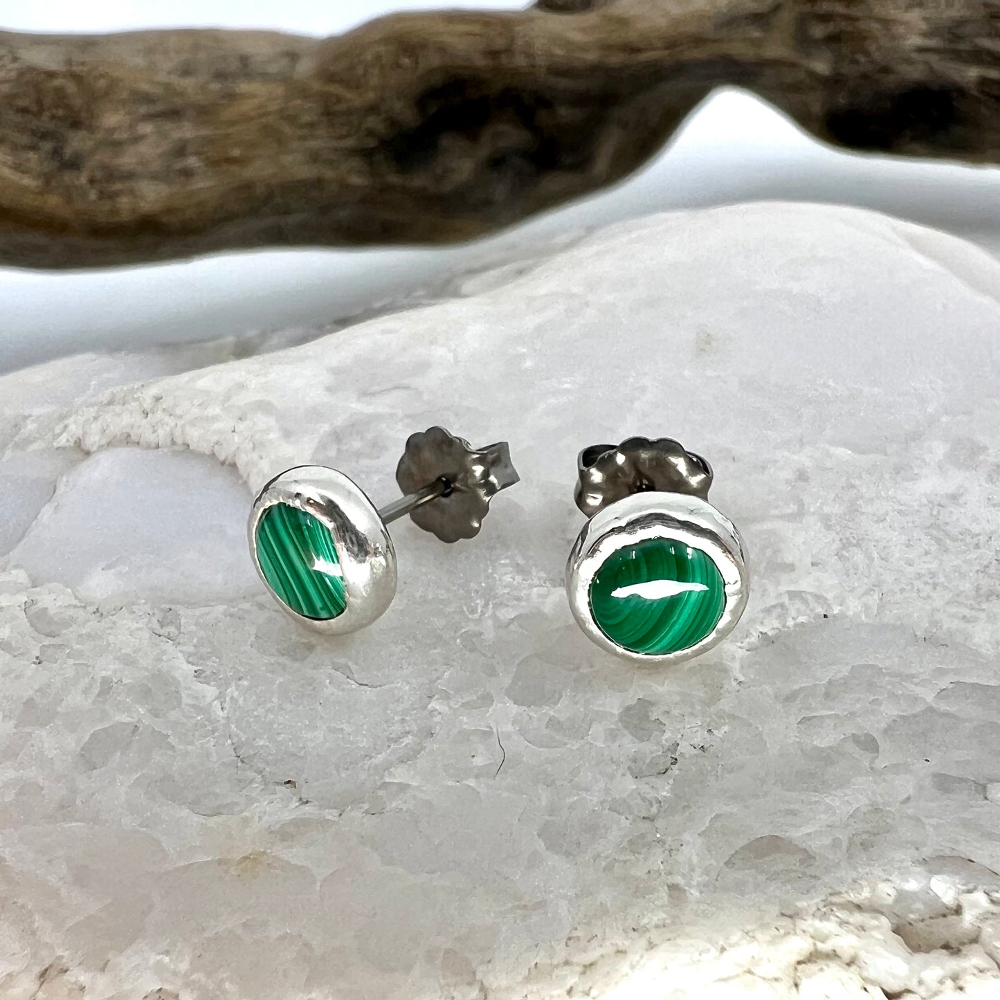 Malachite Stud Earrings, Silver Plated - Copper Electroformed