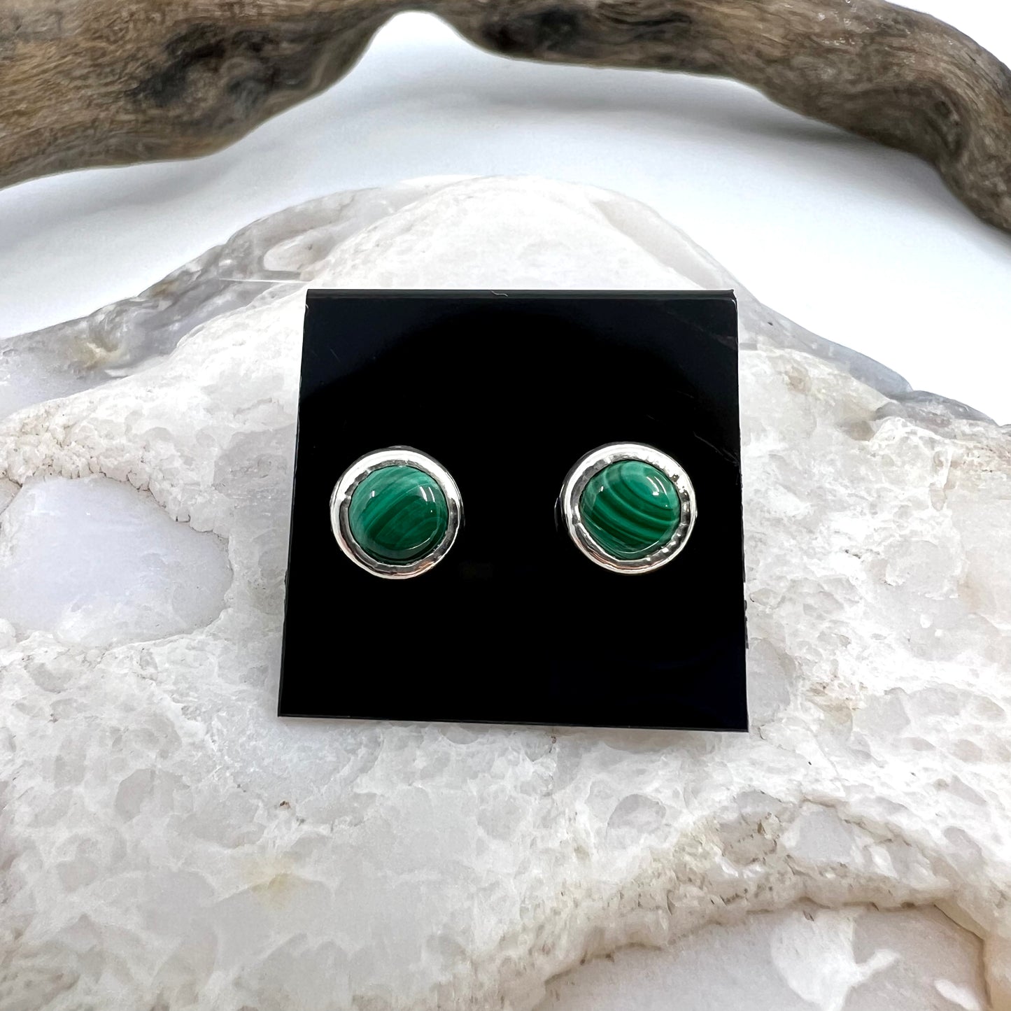 Malachite Stud Earrings, Silver Plated - Copper Electroformed