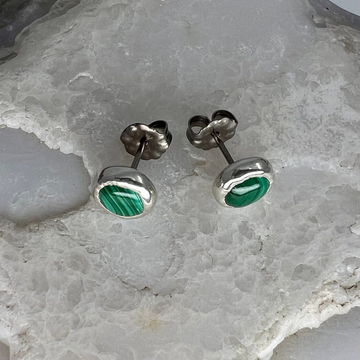 Malachite Stud Earrings, Silver Plated - Copper Electroformed