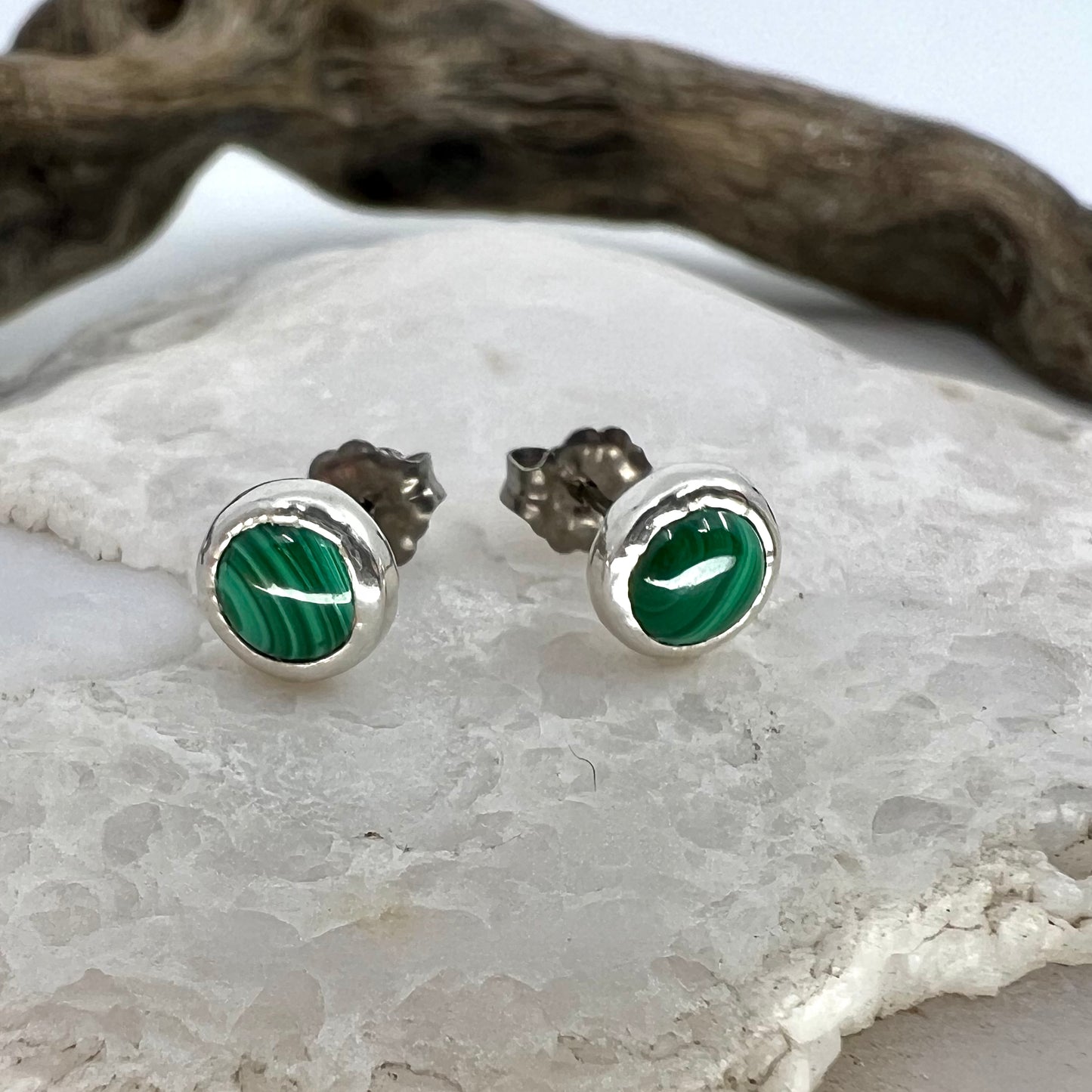 Malachite Stud Earrings, Silver Plated - Copper Electroformed