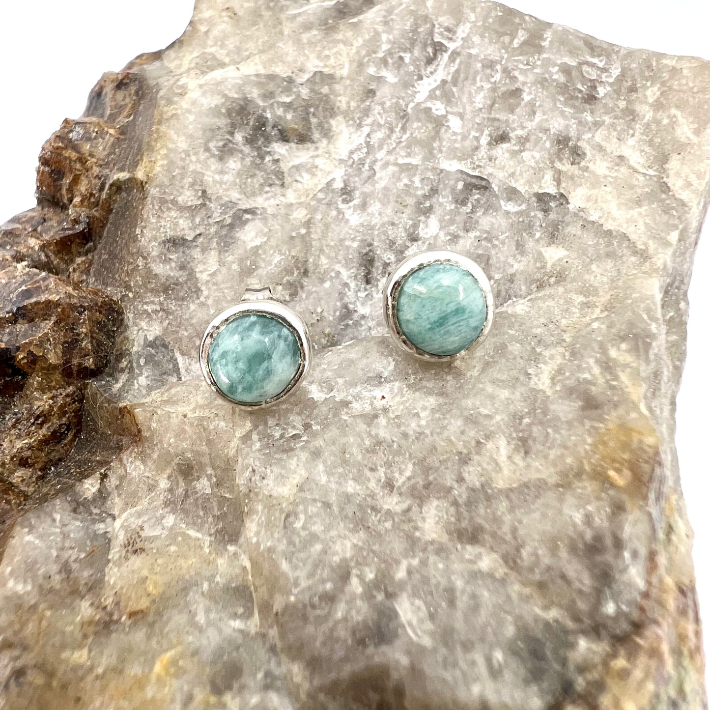 Amazonite Stud Earrings, Silver Plated - Copper Electroformed